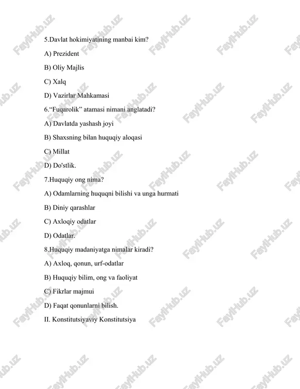 faqat televizor c) internet d) fikrlar 34.“huquq” so'zi qaysi tildan olingan? a) arabcha b) lotincha (“jus”) c) ruscha d) inglizcha 35.qonunlarni buzgan shaxsiy nima qiladi? a) javobgarlikka tortiladi b) rag‘bat oladi c) imtiyoz oladi d) ozodga 36.o'zbekiston respublikasi prezidenti kim? a) davlat boshligi b) vazir c) sudya d) prokuror 37.bola huquqlarini kim himoya qiladi? a) oila, maktab, davlat organlari b) faqat ota-ona c) qo‘shnilar d) faqat o‘qituvchi 38.harbiy xizmat kim uchun samarali? a) 8 yoshdan 27 yoshdan b) voyaga yetmagan erkaklar c) voyaga yetmaganlar d) pensionerlar 39.tibbiy yordam olish huquqi - bu? a) ijtimoiy huquq b) siyosiy huquq c) shaxsiy huquq d) diniy huquq 40.saylovlarda qatnashish - bu? a) fuqarolik huquqi va burchi b) majburiyat emas c) faqat erkaklar uchun d) harbiy huquq. 41.mehnat huquqi nimalarni tartibga soladi? a) ish, dam olish, mehnat sharoitlarini b) saylovlarni c) so olish d) sudlarni 42.“javobgarlik” tushunchasi - a) qonunbuzarlik uchun oqibatga tortilish b) …