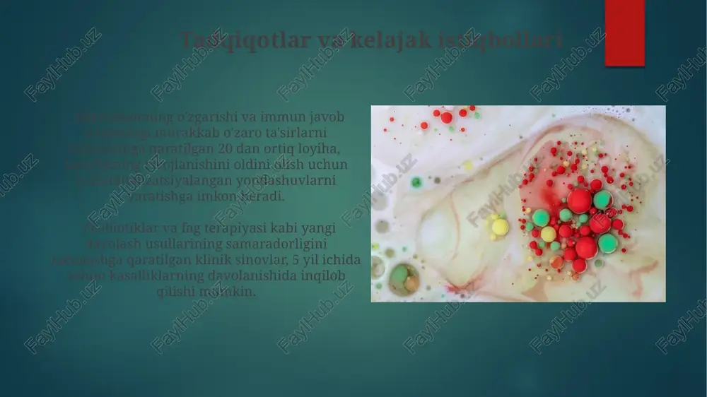 iyon manbalarini, masalan, kariyesni, 90% ga kamaytirish va yuqumli kasalliklarni o‘z vaqtida davolash zarur. zambarli glomerulonefrit taxminan 5-10% hollarda zambarli glomerulonefrit post-streptokokkli glomerulonefritdan farqli ravishda, avtoimmun kasalliklar bilan bog'liq bo'lishi mumkin. zambarli glomerulonefritning patogenezi bakteriyalar, viruslar yoki parazitlarning infeksiyalari bilan bog'liq bo'lib, bu jarayonda t-hujayralar va sitokinlarning muhim roli mavjud. virusli endokardit virusli endokarditda enteroviruslar, adenoviruslar va parvoviruslar kabi turli xil viruslarning 10% dan ortiq holatlarda ishtirok etishi aniqlangan. virusli endokardit diagnostikasi qon madaniyatlari va serologik testlar yordamida amalga oshiriladi, ammo virusni aniqlash qiyin bo'lishi mumkin va bu kasallikning davolashni murakkablashtiradi. glomerulonefritning rivojlanishida mikroorganizmlarning roli nefritogen bakteriyalarning toksinlari yoki antigenlari glomerular filtr membranasiga ta’sir etib, uning shikastlanishiga va o‘tkazuvchanligining oshishiga sabab bo‘ladi. immun komplekslarning glomerulalarga cho‘kishi natijasida yallig‘lanish jarayoni boshlanadi, bu esa 1-3 hafta davom etadigan o‘tkir glomerulonefritga olib keladi. endokarditning asosiy patogenlari endokarditning asosiy patogenlari orasida staphylococcus aureus 30% dan ortiq holatlarga sabab bo'ladi, shuningdek, streptococcus viridans kabi alfa-gemolitik …
