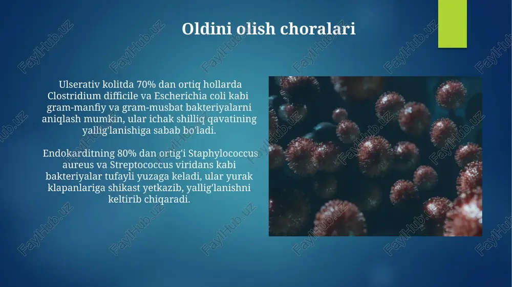 ni 50% dan ortiq hollarda, kasallik rivojlanishida muhim ahamiyatga ega. zambarli endokardit zamburi endokarditli bemorlarda qon madaniyatining ijobiy natijasi 40-60% hollarda kuzatiladi, bu esa tashxis qo'yishda muhim ahamiyatga ega. zamburi endokarditning og'ir kechishi ko'pincha yurak klapanlariga 2-3 hafta ichida katta miqdordagi zarar yetkazishi bilan tavsiflanadi, bu esa jarrohlik aralashuvini talab qilishi mumkin. kelajakdagi tadqiqotlar glomerulonefrit, endokardit va yarali kolitning rivojlanishida mikroorganizmlarning rolini aniqlash uchun keng ko'lamli genomik tahlillar (1000 dan ortiq namunalar) va metagenomik tadqiqotlar o'tkazish kerak. turli xil patogen bakteriyalar va viruslarning virulentlik omillarini va ularning immun tizimiga ta'sirini o'rganish uchun hayvonlar ustida eksperimental modellarni (kamida 5 turdagi sichqonlar) yaratish va immunomodulyatsion terapiya usullarini ishlab chiqish dolzarbdir. virusli glomerulonefrit post-infektsion glomerulonefritning asosiy sababi a grppasi beta-gemolitik streptokokklar bo'lib, ularning antigenlari buyrak glomerulalariga hujum qiladi. virusli glomerulonefrit ko'pincha streptokokk infektsiyasidan keyin, taxminan 1-3 hafta o'tgach, rivojlanadi va buyrak yallig'lanishini keltirib chiqaradi. ichak mikrobiotasining roli endokardit rivojlanishida ichak mikrobiotasining streptococcus viridans …