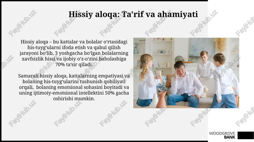 jtimoiy-emotsional rivojlanishni 20% tezlashtirishi mumkin. woodgrove bank ijobiy hissiy aloqaning ta'siri ota-onalarning ijobiy hissiy aloqasi bolaning xavfsizlik hissiyotini 50% ga oshirib, stressga chidamliligini va muammolarni hal qilish qobiliyatini rivojlantiradi. ijobiy hissiy muloqot, bolaning so'z boyligini 20-30% ga oshirib, nutq rivojlanishiga va kognitiv funksiyalarining yaxshilanishiga olib keladi. woodgrove bank e'tiboringiz uchun rahmat @taqdimot_robot woodgrove bank image1.jpg image2.jpg image3.jpg image4.jpg image5.jpg image6.jpg image7.jpg image8.jpg image9.jpg