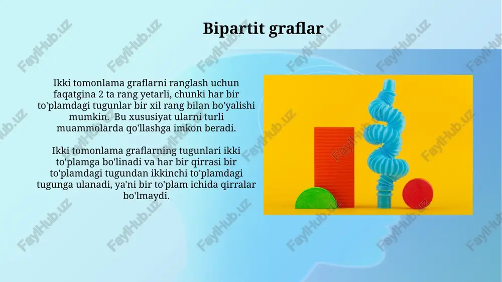 bo'lishi mumkin, bu yerda n – tugunlar soni. daraxt (tree) – bu bog'langan va aylana (cycle) bo'lmagan graf hisoblanadi. uning tugunlar soni qirralar sonidan har doim 1 ga ko'p bo'ladi. graf turlari graflarning asosiy turlari orasida yo'naltirilgan (directed) va yo'naltirilmagan (undirected) graflar, shuningdek, to'liq (complete) graflar (har bir juft tepalik o'zaro bog'langan) va bipartita (bipartite) graflar (tepaliklar ikkita to'plamga bo'linishi mumkin, har bir qirra faqat turli to'plamlardagi tepaliklarni bog'laydi) mavjud. daraxtlar (trees) – bog'langan va aylanmas graflar bo'lib, ularning n ta tepaligi bo'lsa, n-1 ta qirrasi bo'ladi. ularning tuzilishi o'ziga xos bo'lib, hierarchik ma'lumotlarni ifodalashda keng qo'llaniladi. sikllar (tsikl) sikllar grafikdagi tugunlar (vertexlar) ketma-ketligini ifodalaydi, bu yerda har bir tugun faqat bir marta uchraydi va siklning birinchi va oxirgi tugunlari bir xil bo'ladi, masalan, 5 tugunli siklda 5 ta qirra bo'ladi. to'liq bog'langan grafikda har bir tugun boshqa barcha tugunlarga ulangan bo'lsa, sikl uzunligi tugunlar soniga teng bo'lishi mumkin, ya'ni …