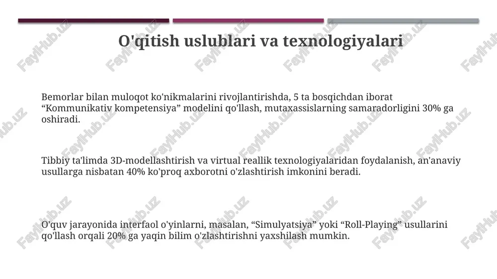 i va yangi pedagogik texnologiyalarni qoʻllash boʻyicha 5 ta amaliy koʻnikmalarga ega boʻlishlari zarur. o'quv rejalari va dasturlari o'quv rejalari va dasturlari talabalar soni, resurslar mavjudligi (masalan, simulatorlar soni 10 talik guruh uchun kamida 2 ta bo'lishi kerak) va o'qituvchilar malakasi hisobga olgan holda tuzilishi zarur. har bir o'quv dasturi kamida 5 ta modullarni o'z ichiga olishi va har bir modul yakunida baholash mezonlari aniq belgilanishi lozim; mulohazali baholash tizimi (masalan, 4 balldan iborat) qo'llanilishi tavsiya etiladi. o'quv rejalari kasbiy standartlarga, malaka talablariga va 3-5 yillik davriy yangilanishga muvofiq bo'lishi kerak, bunday rejalarda amaliy mashg'ulotlarga 70% dan ortiq vaqt ajratilishi maqsadga muvofiqdir. o'quv muhitini yaratish o'quv jarayonida kamida 3 xil o'quv resurslaridan (masalan, darsliklar, interaktiv taxtalar, virtual simulyatorlar) foydalanish, talabalarning turli o'rganish uslublariga moslashish imkonini beradi. simulyatsiya va rol o'ynash usullaridan foydalanib, haqiqiy kasb sharoitlariga yaqin muhit yaratish, talabalarning klinik fikrlash ko'nikmalarini rivojlantirishga yordam beradi. o'quv muhitini yaratishda talabalarning 70% …