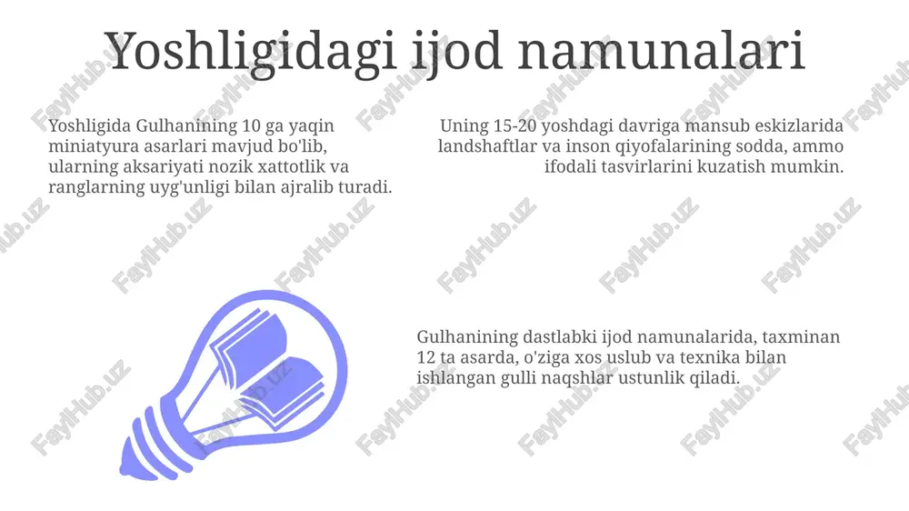 chuqur estetik didini ko'rsatadi. uning uslubi, asosan, realizm va impressionizm elementlarini birlashtirib, nozik detallarga va yorug'likning o'yiniga alohida e'tibor qaratadi, bu esa 10 dan ortiq asarlarida yaqqol namoyon bo'ladi. chiziq va shaklning ifodasi gulhani shakl va chiziqlarning o'zaro ta'sirini 50% dan ortiq kompozitsiyasi asosida quradi, bu esa uning chuqur estetik tushunchasini ko'rsatadi. uning badiiy asarlarida chiziqlarning qalinligi va yo'nalishi hissiy ifodani kuchaytirish uchun 3 dan 7 gacha rang oralig'ida qo'llaniladi. gulhanining asarlarida 20 dan ortiq turli geometrik shakllar va chiziqlarning murakkab kombinatsiyalarini uchratish mumkin, bu uning kompozitsiya mahoratini namoyish etadi. gulhaniynig asarlaridagi ramziylik gulhaniynig asarlarida tabiat motivlari, xususan, 5 dan ziyod turdagi gullar, ramziy ma'nolarni, ya'ni, go'zallik, o'sish va yangilanishni anglatadi. uning ba'zi asarlarida 3 ga yaqin ranglarning uyg'un kombinatsiyasi orqali emotsional holatlar, masalan, quvonch yoki qayg'u, ifodalanadi. gulhaniyning asarlarida 7 dan ortiq turdagi geometrik shakllar, ayniqsa, aylana va kvadrat, muvozanat va uyg'unlikni ifodalash uchun ishlatilgan. portret janridagi mahorati gulhaniyning …