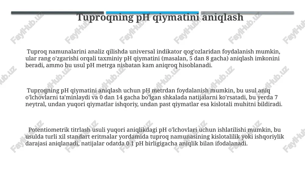 soblash mumkin, bu usul 1,724 koeffitsiyentini ishlatadi. vizual baholash va tasniflash tuproq qatlamli profilini (odatda 5-10 ta gorizont) vizual baholash orqali, har bir qatlamning qalinligi, rangi, tuzilishi va boshqa xususiyatlarini yozib olish orqali tuproqning genetik xususiyatlari haqida ma'lumot to'plash mumkin. tuproq agregatlarining o'lchamlari va shakllarini mikroskop yordamida tahlil qilish, tuproq tuzilishi va uning suv o'tkazuvchanligi haqida muhim ma'lumotlar beradi, masalan, 0,5 mm dan katta agregatlarning mavjudligi. tuproqning rangini aniqlash orqali taxminan 10 ta asosiy tuproq guruhlaridan birini aniqlash mumkin, bu esa mineralogik tarkibi haqida dastlabki ma'lumot beradi. tuproqning mexanik tarkibini aniqlash tuproqning mexanik tarkibini aniqlashda agregatlarning o'lchamlarini aniqlash uchun 2 mm dan katta bo'lgan zarrachalarni ajratib olish va ularning miqdorini aniqlashga asoslangan usullar qo'llaniladi. tuproq namunasining 100 grammidan tayyorlangan suspenziyada cho'kish tezligiga asoslangan, stokunning qonuniga asoslangan gidrometrik usul tuproqning qum, gil va loy fraksiyalarini aniqlashda qo'llaniladi. tuproqning mexanik tarkibini aniqlashda, 70% dan ortiq loy fraksiyasi bo'lgan tuproqlar og'ir gil, 30-70% …