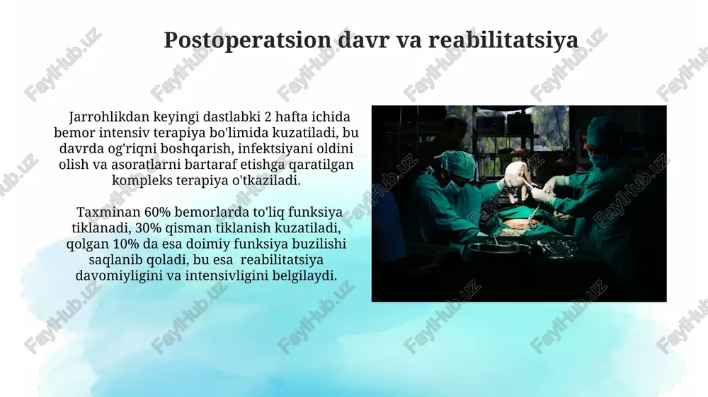 saqlab qolish va funksiyalarni tiklashga yordam beradi. jarrohlik davolashning muvaffaqiyat darajasi, bemorning umumiy holati, shikastlanish darajasi va qon tomirlarining shikastlanish vaqti kabi omillarga bog'liq bo'lib, o'rtacha 70-90% ni tashkil qiladi. siqilish sindromining patogenezi va klinik ko'rinishi siqilish davomiyligi va og'irligi asoratlarning rivojlanish ehtimolini, jumladan, kompartman sindromi va rhabdomyolizning paydo bo'lishini aniqlaydi, bu esa jarrohlik aralashuvni talab qilishi mumkin. siqilish sindromi, 6 soatdan ortiq to'qimalarning siqilishi natijasida yuzaga keladi va to'qimalarda ishemiya, hujayra shikastlanishi va toksik metabolitlarning to'planishi bilan tavsiflanadi. suyaklarning jarrohlik davolashi suyakning jarrohlik davolashida, kompresssion sindrom natijasida kelib chiqqan infektsiyalarni oldini olish uchun, antibiotiklarni 7-10 kun davomida qo'llash tavsiya etiladi, bu jarayonning muvaffaqiyatini oshiradi. suyaklarning jarrohlik davolashida, o'rtacha 3-5 soat davom etadigan operatsiyalar davomida, kompresssion sindrom tufayli shikastlangan to'qimalarning 90% gacha rezeksiyasi amalga oshirilishi mumkin. infeksiya profilaktikasi va davolash yiringli-nekrotik asoratlar rivojlanganda, keng spektrli antibiotik terapiyasi 7-10 kungacha davom etishi kerak, bunda mikrobial madaniyat va sezuvchanlik tekshiruvlari natijalari hisobga …