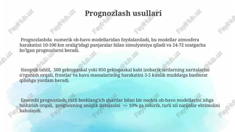 ayishi bilan tavsiflanadi, bu esa yomg'ir yoki qor yog'ishiga olib kelishi mumkin. issiq frontlarning ta'siri natijasida past atmosfera bosimining pasayishi kuzatiladi, bu esa shamolning kuchsizlanishi va yo'nalishining o'zgarishi bilan birga keladi, odatda janubiy yoki sharqiy yo'nalishdan esadi. issiq frontlarning o'tish tezligi sovuq frontlarga qaraganda ancha sekinroq bo'lib, taxminan 20-30 km/soat tezlikda harakatlanadi, bu esa ob-havo o'zgarishining asta-sekin sodir bo'lishiga olib keladi. atmosfera bosimining o'zgarishi atmosfera bosimining gradiyenti 5 hpa/100km dan oshganda, kuchli shamolning paydo bo'lishi ehtimoli yuqori bo'lib, bu bosimning tez o'zgarishini bildiradi. atmosfera bosimining 10 hpa ga keskin pasayishi sovuq frontning yaqinlashuvi va kuchli shamol, yomg'ir yoki qor yog'ishi kabi ob-havo hodisalarining yuz berish ehtimolini ko'rsatadi. antisiklon hududlarida atmosfera bosimi 1020 hpa dan yuqori bo'lib, tinch, quyoshli va quruq ob-havo bilan tavsiflanadi, bu esa atmosfera bosimining yuqori qiymatlarini ko'rsatadi. havomassalarning xususiyatlari tropik havo massalari yuqori harorat va namlikka ega bo'lib, o'rtacha 25-30°c atrofida bo'ladi, quyosh radiatsiyasi ta'sirida kun davomida …