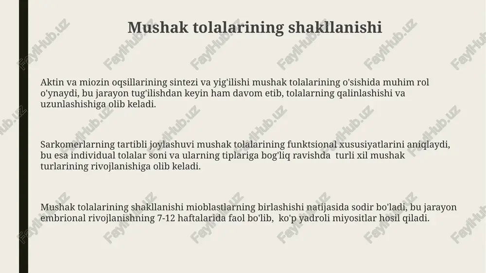 lanadi, bu jarayon myod va myf5 kabi transkripsiya omillarining faollashuvi bilan tartibga solinadi. miogenez jarayonida, hujayralar differensiatsiyasi va mushak tolalarining rivojlanishi bilan birga, aktin va myozin kabi kontraktil oqsillarning ifodalanishi ham 8-haftada sezilarli darajada ortadi, bu esa mushaklarning qisqarish qobiliyatini ta'minlaydi. taxminan 7-haftada mioblastlar bir-biri bilan birlashib, uzun, ko'p yadroli miyosimlarni hosil qiladi, bu esa mushak tolalarining dastlabki shakllanishiga olib keladi. bu jarayon hujayra membranalari va sitoskelet tarkibiy qismlarining o'zaro ta'siri orqali amalga oshiriladi. jismoniy mashqlarning ta'siri muntazam jismoniy faoliyat, ayniqsa, postnatal davrda, mushak massasini tiklash tezligini 25% ga va suyak zichligini 10% ga oshirishi mumkin, osteoporozni oldini olishga yordam beradi. tug'ruqdan keyingi davrda engil-o'rtacha intensivlikdagi mashqlar, masalan, yurish yoki suzish, mushak tonusini yaxshilashga va endokrin tizim faoliyatini normallashtirishga yordam beradi, bu esa umumiy sog'liqni saqlashni yaxshilaydi. jismoniy mashqlar homiladorlik davrida mushaklarning gipertrofiyasini 15-20% ga oshirishi mumkin, bu esa tug'ruqdan keyingi tiklanishni tezlashtiradi va postnatal davrda mushak kuchini saqlashga yordam …