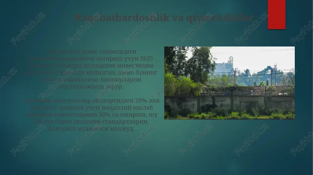 erishdi, bu segmentning tez rivojlanishini ta'kidlaydi. xomashyo bazasi ximiya sanoatidagi "xomashyo bazasi"ning 2023 yildagi hajmi 150 milliard dollardan oshdi, bu esa yillik o'sishning o'rtacha 7% ni tashkil etadi. "xomashyo bazasi"ning tarkibiga neft-kimyo, mineral o'g'itlar va boshqa 10 dan ortiq muhim kimyoviy xomashyo turlari kiradi. kadrlar tayyorlash va malaka oshirish hindiston kimyo sanoatidagi kadrlar tayyorgarligiga yillik 200 million dollardan ortiq mablag' ajratiladi, bu esa 50 000 dan ortiq mutaxassisning tayyorlanishini ta'minlaydi. hindistonning etakchi kimyoviy kompaniyalari tomonidan 10 tadan ortiq o'quv markazlari tashkil etilib, ularda yiliga 3000 dan ortiq mutaxassis malaka oshirishdan o'tadi. ishlab chiqarish hajmlari va dinamikasi hindiston kimyo sanoatida mineral o'g'itlar ishlab chiqarish hajmi yiliga 30 million tonnadan ortiq bo'lib, bu mamlakatning qishloq xo'jaligiga muhim hissa qo'shadi. 2022 yilda hindiston kimyo sanoati umumiy 230 milliard aqsh dollaridan ortiq mahsulot ishlab chiqardi, bu yillik o'sish sur'ati taxminan 7-8% ni tashkil etdi. investitsiyalar va moliyalashtirish banklar va moliya institutlari tomonidan kimyo sanoatiga …