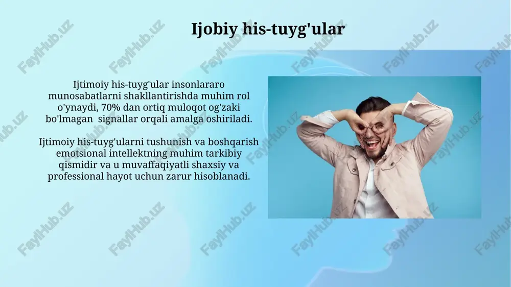 a shaxsiyat hissiy aqlning 5 komponenti (o'z-o'zini anglash, o'z-o'zini boshqarish, ijtimoiy ong, empatiya va motivatsiya) shaxsiyatning rivojlanishi va ijtimoiy moslashuviga sezilarli ta'sir ko'rsatadi. taxminan 70% gacha inson xatti-harakatlari ongsiz hissiy reaktsiyalar bilan belgilanadi, bu esa shaxsiyat xususiyatlarini tushunishda hissiyotlarning muhim rolini ko'rsatadi. his-tuyg'ular nima? his-tuyg'ular – bu miyamizning 7 dan ortiq turli sohalarida hosil bo'ladigan murakkab biokimyoviy va fiziologik jarayonlar natijasida yuzaga keladigan subyektiv tajribalardir, ular fiziologik o'zgarishlar va xatti-harakatlar bilan ifodalanadi. inson his-tuyg'ularining taxminan 6 asosiy turi mavjud: quvonch, qayg'u, g'azab, qo'rquv, nafrat va hayrat. ushbu asosiy his-tuyg'ularning turli kombinatsiyalari ko'plab murakkab his-tuyg'ularni keltirib chiqaradi. his-tuyg'ularning kelib chiqishi tug'ilishdan keyingi birinchi 6 oy davomida chaqaloqlarning hissiy ifodasi 7 ta asosiy hissiy kategoriyaga (quvonch, g'azab, qo'rquv, xafa bo'lish, ajablanish, nafrat, befarqlik) ajratiladi, bu ularning neyrobiologik rivojlanishini aks ettiradi. hissiy javoblarning kelib chiqishi miyaning amigdala va prefrontal korteks kabi 2 ta asosiy mintaqasi faoliyati bilan bog'liq bo'lib, bu jarayonlarda 100 dan …
