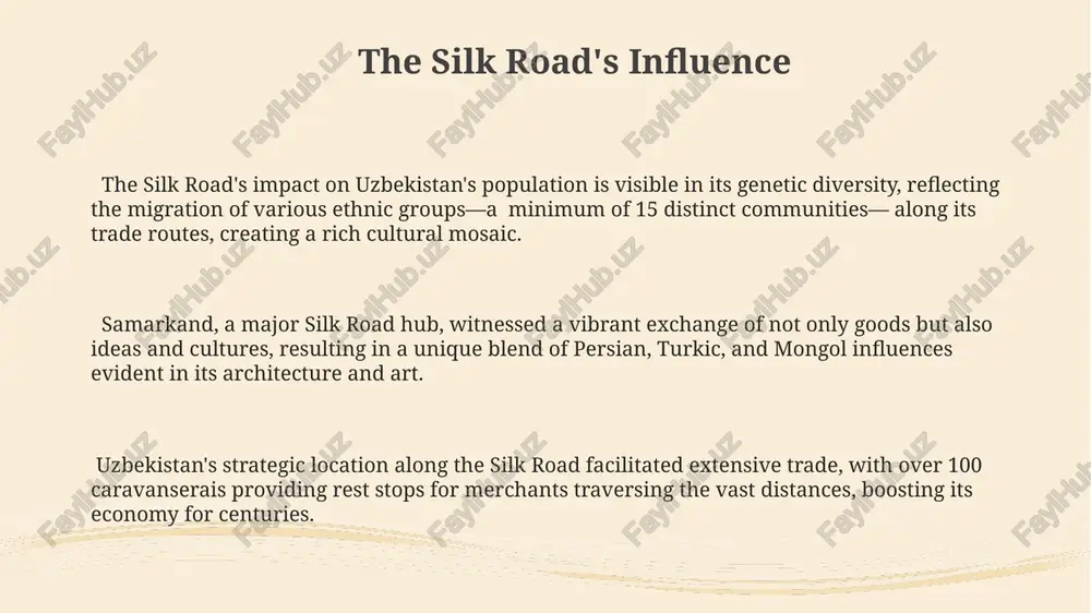 fertile areas, a remarkable feat for its time. archaeological evidence suggests sogdian cities like afrasiab possessed advanced urban planning, including complex multi-story structures and a well-defined social hierarchy reflected in burial practices and artifact distribution. sogdiana's strategic location along the silk road facilitated extensive trade, with over 30 different cultures interacting, leading to a vibrant blend of artistic and architectural styles visible in its archaeological remains. modern uzbekistan: a developing nation the government has invested heavily in infrastructure projects, including over 200 km of new highways constructed between 2016-2020, aiming to improve connectivity and facilitate trade, impacting logistics and foreign investment. uzbekistan's gdp growth averaged 5.1% annually between 2017 and 2019, showcasing significant economic expansion driven by robust growth in services and industrial sectors, despite global economic headwinds. foreign direct investment (fdi) inflows increased by approximately 15% in 2022 compared to the previous year, signifying growing international confidence in uzbekistan's …