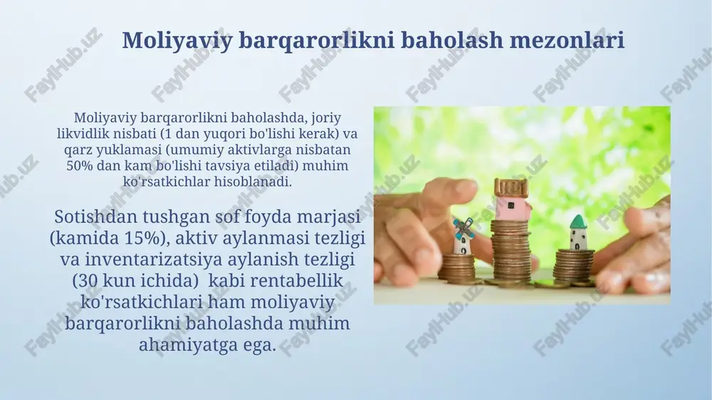 pasaytiradi. qarz yuklamasi va kredit xavfi qarz yuklamasi 0,5 dan yuqori bo'lganda korxona bankrotlik xavfi yuqori bo'ladi, bu esa kredit reytingining pasayishiga va qo'shimcha foiz stavkalarining o'sishiga olib keladi. kredit portfeli diversifikatsiyasi kredit xavfini kamaytirishning muhim usuli hisoblanadi. masalan, 10 ta turli xil soha vakillariga kredit berish, bitta sohaga berishdan ko'ra xavfni 2-3 barobar kamaytirishi mumkin. investitsiyalar va moliyaviy strategiya xavfni diversifikatsiya qilish maqsadida investitsiyalar portfelining kamida 30%i har xil aktivlarga (masalan, qimmatli qog'ozlar, ko'chmas mulk) taqsimlanishi kerak. moliyaviy strategiya doirasida 5 yillik investitsiya rejasi, 10% o'sishni ko'zlab, kapitalning 25%ini innovatsion loyihalarga yo'naltirishni nazarda tutadi. e'tiboringiz uchun rahmat @taqdimot_robot image4.png image5.jpg image6.jpg image7.jpg image8.jpg image9.jpg image10.jpg image11.jpg image12.jpg image13.jpg image14.jpg image15.jpg image3.jpeg