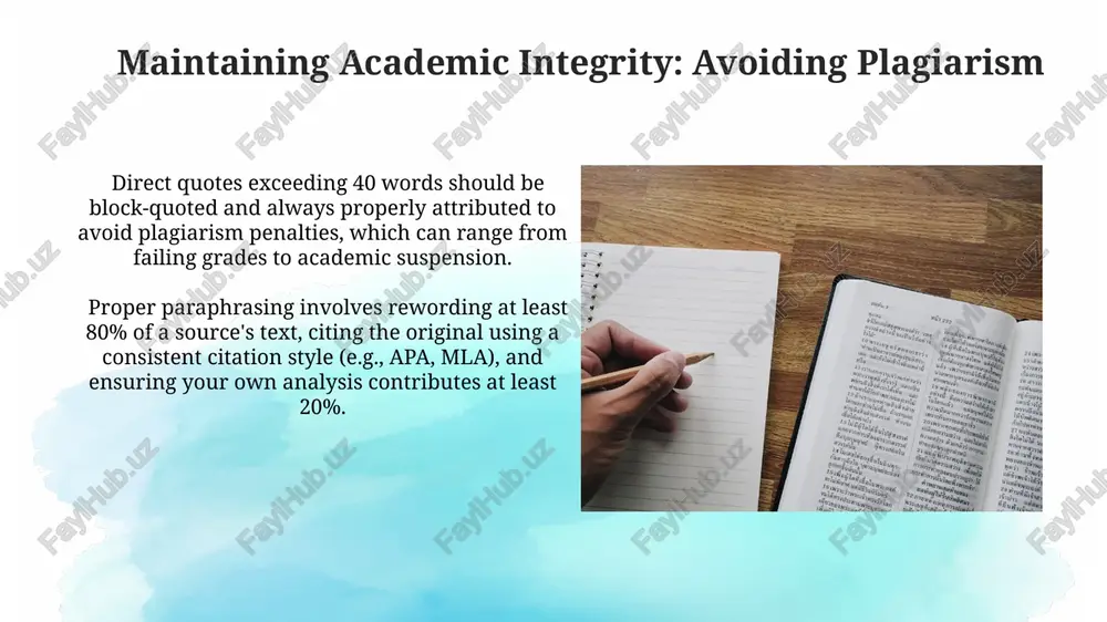 ur arguments logically. utilize a consistent citation style (e.g., apa, mla, chicago) throughout your paper, ensuring accurate referencing of all sources to avoid plagiarism; incorrect formatting can lead to rejection. using evidence and citations properly direct quotes exceeding 40 words should be block-quoted, indented, and single-spaced to distinguish them from your own writing and maintain academic integrity. employ a consistent citation style (e.g., apa, mla) throughout your paper, meticulously documenting at least 3 credible sources per major claim to bolster your arguments and avoid plagiarism. writing a compelling introduction consider using a compelling statistic or anecdote to hook the reader within the first paragraph, setting the stage for the significance and relevance of your scholarly contribution. a compelling introduction typically comprises 3-5 sentences, establishing context, highlighting the research gap (1-2 sentences), and clearly stating your research question or hypothesis (1-2 sentences). thank you for your attention @taqdimot_robot image2.jpg image3.jpg image4.jpg …