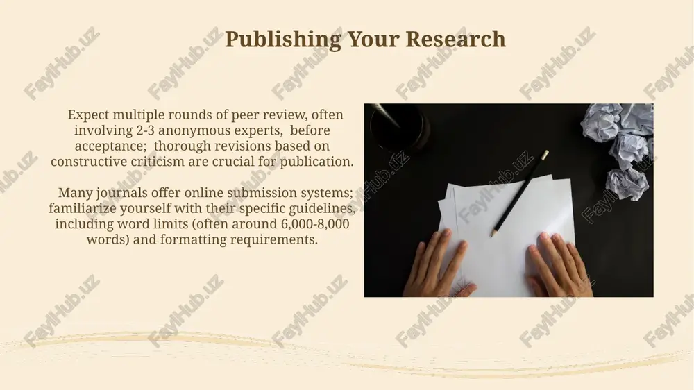 al, paying close attention to in-text citations and the reference list to avoid plagiarism penalties. submitting your manuscript often involves online portals with specific file formats (like .doc or .pdf) and submission fees; confirm these details well in advance to avoid delays. literature review & annotated bibliography a well-structured literature review synthesizes at least 10-15 relevant scholarly sources, demonstrating a nuanced understanding of existing research and identifying key gaps. integrating direct quotes effectively within a literature review necessitates using appropriate citation styles (e.g., apa, mla) to avoid plagiarism and enhance the paper's credibility. writing the conclusion conclude with a powerful statement—a concise summary, broader implication, or call to action—leaving a lasting impression on the reader and emphasizing the scholarly contribution. avoid introducing entirely new information; instead, briefly connect your research's limitations (e.g., sample size of 20) to potential future studies. thank you for your attention @taqdimot_robot image2.jpg image3.jpg image4.jpg image5.jpg …