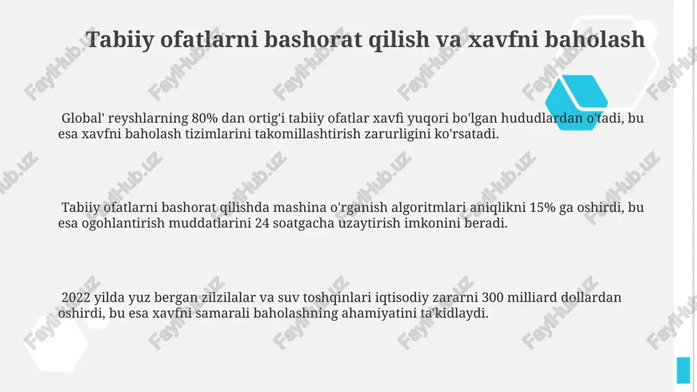 havzasining ekologik holatini tahlil qilish natijasida 20% dan ortiq hududda cho‘l hosil bo‘lish xavfi aniqlangan. geografik ma'lumotlarni tahlil qilish va vizualizatsiya geografik ma'lumotlarni tahlil qilishda mashinani o'rganish algoritmlari, masalan, 3d-ko'rinishdagi xaritalarni yaratishda aniqlikni 95% gacha oshirishi mumkin va bu katta hajmdagi ma'lumotlarni qayta ishlashni tezlashtiradi. gis texnologiyalaridan foydalanib, 100 000 dan ortiq ob'ektlarni o'z ichiga olgan murakkab geografik ma'lumotlar to'plamlarini samarali vizualizatsiya qilish va tahlil qilish imkoniyati mavjud. raster va vektor ma'lumotlarini birlashtirib, geografik hodisalarni (masalan, o'rmon yong'inlari tarqalishini) modellashtirish va bashorat qilish aniqligi 70% gacha oshiriladi, bu esa 5-10 yil oldingi modellardan ancha yaxshi natijalar beradi. geografiyaning zamonaviy usullari uzoqdan zondlash (masalan, sun'iy yo'ldosh rasmlari) orqali olingan yuqori aniqlikdagi (1 metrdan kam) ma’lumotlar yordamida yer yuzasining o‘zgarishlarini kuzatish va 5 yildan ortiq davr mobaynida dinamikasini tahlil qilish mumkin. big data analitikasi geografik ma’lumotlarni chuqur tahlil qilishda qo‘llanilib, 10 millionlab obyektlarning o‘zaro bog‘lanishini aniqlash va geografik naqshlarni bashorat qilish imkonini …
