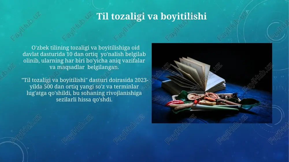 ish va uning norma holatini mustahkamlashga qaratilgan 5 dan ortiq loyihalar amalga oshirilmoqda. yoshlar nutq madaniyatini oʻrgatish yoshlarning nutq madaniyatini o'rgatishda 5-10 yosh guruhida o'yinli metodlardan foydalanish samaradorligi 30%ga oshadi, tajribalar shuni ko'rsatmoqda. so'z boyligini oshirish uchun har kuni kamida 10 ta yangi so'z o'rganish va ularni muntazam qo'llash, nutq madaniyatini rivojlantirishning muhim omili hisoblanadi. tarjima faoliyati va uning ahamiyati tarjima faoliyati orqali 2023-yilda 50 dan ortiq xorijiy adabiyot asarlari o‘zbek tiliga tarjima qilingan bo‘lib, bu milliy adabiyotimiz boyishida muhim rol o‘ynaydi. badiiy tarjimaning yuqori sifatli bo‘lishi, matnning asl ma’nosini to‘liq yetkazish va madaniy kontekstni hisobga olish kabi omillar muhim ahamiyatga ega. e'tiboringiz uchun rahmat @taqdimot_robot image3.png image4.jpg image5.jpg image6.jpg image7.jpg image8.jpg image9.jpg image10.jpg image11.jpg image12.jpg image13.jpg image14.jpg image15.jpg