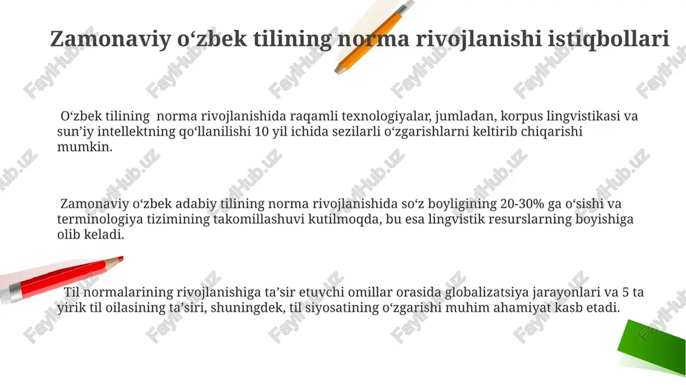 borot vositalarining, ta'lim tizimining va davlat idoralari faoliyatining o'zbek tilini targ'ib qilishdagi roli, tilning funksiyalarining kengayishi va ijtimoiy hayotda o'rni ko'tarilishi bilan bog'liq. 1991-yildan keyin o'zbekiston mustaqilligi davrida til siyosatining o'zgarishi, lotin yozuviga o'tish va rus tilining ta'sirining kamayishi kabi omillar milliy tilning rivojlanishiga sezilarli ta'sir ko'rsatdi. sovet davrida 20% ga yaqin aholi ona tili sifatida rus tilini ishlatgan bo'lsa, mustaqillikdan keyin bu ko'rsatkich sezilarli darajada pasayib, milliy tilning ijtimoiy mavqei oshdi. e'tiboringiz uchun rahmat @taqdimot_robot image2.png image1.png