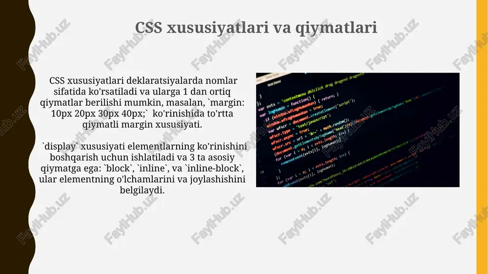 .class ) va element selektorlaridan ( p, div ) ancha yuqori spesifiklikka ega bo'lib, uslublar ziddiyatida ustunlik qiladi. selektorlar va ularning turlari myid), class selektorlari (.myclass) va universal selektorlar (). ularning har biri html elementlarini turlicha tanlaydi. cssda 4 ta asosiy selektor turi mavjud: element selektorlari (masalan, `p`), id selektorlari ( box modeli va layout html va css da har bir element 4 ta asosiy qismdan: content (mazmun), padding (ichki bo'shliq), border (chegara) va margin (tashqi bo'shliq) dan iborat bo'lib, ularning har biri o'zining o'lchamlariga ega va umumiy element hajmini aniqlaydi. float xususiyati elementlarni gorizontal ravishda joylashtirish imkonini beradi, shu bilan birga ularning balandligi va kengligi avtomatik ravishda moslashtiriladi va o'zgaruvchan bo'ladi, bu esa suyuq layoutlar yaratishga yordam beradi. media queries va ularning qo'llanilishi media-so'rovlar orqali biz css kodlarida @media direktivasidan foydalanib, 3 dan ortiq turli ekran o'lchamlari uchun maxsus dizayn variantlarini yaratishimiz mumkin. mobil qurilmalar uchun optimallashtirilgan dizayn yaratishda, …