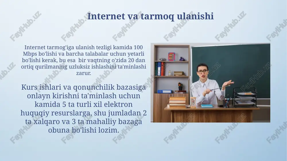 sud jarayonlarini modellashtirish bo'yicha amaliy mashqlar to'plami bo'lishi shart. har bir qo'llanmada 15 dan ortiq amaliy topshiriqlar bo'lishi maqsadga muvofiq. o'quv materiallari tayyorlash vositalari o'quv materiallarini tayyorlashda kamida 3 ta turli xil dasturiy ta'minot (masalan, microsoft office, adobe creative suite, canva) dan foydalanish samaradorlikni 20% ga oshirishi mumkin. zamonaviy proyektor va 75 dyuymli ekran yordamida o'quv materiallarini namoyish etish an'anaviy usullarga nisbatan talabalarning e'tiborini 30% ga oshiradi. kompyuter va dasturiy ta'minot kompyuterlarning tezligi kamida 2 ghz bo'lishi va ram hajmi 8 gb dan kam bo'lmagan zamonaviy modellardan iborat bo'lishi kerak, shuningdek, yuqori tezlikdagi internetga ulanishni ta'minlash zarur. talabalar va o'qituvchilar uchun onlayn hamkorlikni qo'llab-quvvatlaydigan, videokonferensiya va fayl almashish imkoniyatlarini taqdim etadigan, masalan, zoom yoki microsoft teams kabi kamida 2 ta platforma zarur. proyektor va ekran proyektor va ekranning ulanish imkoniyatlari (hdmi, vga) turli xil qurilmalar (noutbuklar, kompyuterlar) bilan mos kelishi va uzluksiz ishlashini ta'minlash uchun yuqori sifatli kabellar bilan jihozlangan …