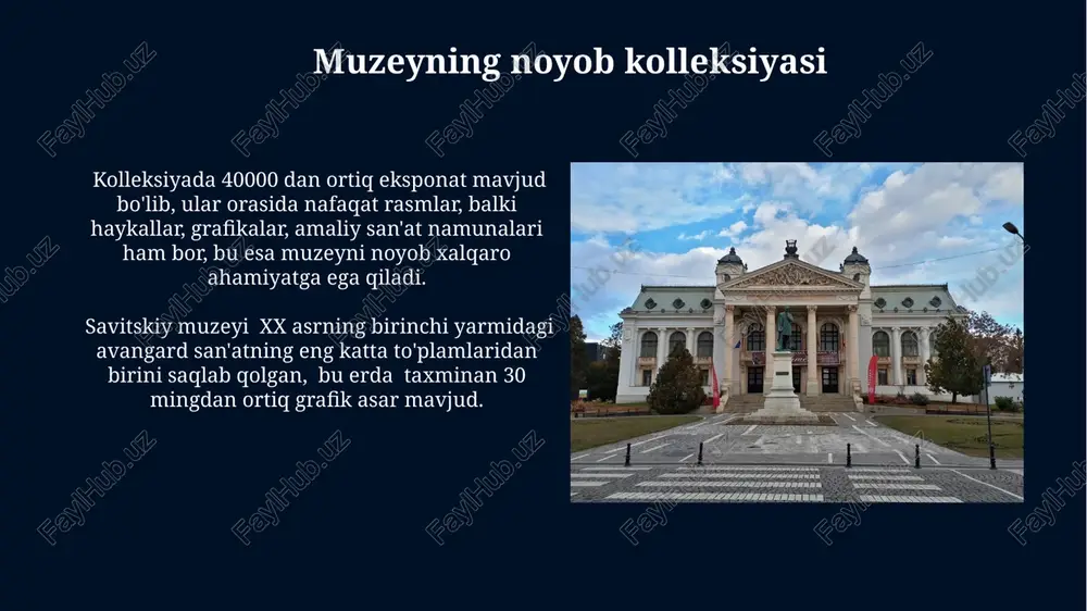 tini belgilaydi. muzeyning arxitekturasi va binolari muzeyning asosiy binosi 1930-yillarda qurilgan bo'lib, 2 qavatli, umumiy maydoni taxminan 2000 kvadrat metrni tashkil etadi va sovet davri arxitektura uslubida qurilgan. muzey majmuasi ichida, asosiy binodan tashqari, yordamchi binolar, jumladan, 3 ta ombor va 1 ta restavratsiya xonasi mavjud bo'lib, ularning umumiy maydoni 500 kvadrat metrdan oshadi. muzeyga tashrif buyuruvchilar uchun ma'lumot muzeyda 80 dan ortiq xalq rassomi i.v. savitskiyning shaxsiy to'plamidan noyob asarlar, jumladan, avangard va sotsialistik realizm uslubidagi 40 dan ziyod rasm asarlari namoyish etiladi. muzey eksponatlari orasida 20-asrning birinchi yarmidagi rus avangard rassomlari, masalan, malevich, kandinskiy va chagall asarlarining noyob namunalari mavjud bo'lib, ularning umumiy soni 50 dan oshadi. savitskiy nomidagi nukus davlat badiiy muzeyining global ahamiyati muzeyning global ahamiyati nafaqat uning keng kolleksiyasi, balki uning ilmiy-tadqiqot faoliyati va xalqaro hamkorliklari orqali san'at tarixi va madaniy merosni o'rganishga qo'shgan ulkan hissasi bilan ham belgilanadi. savitskiy nomidagi nukus davlat badiiy muzeyi …