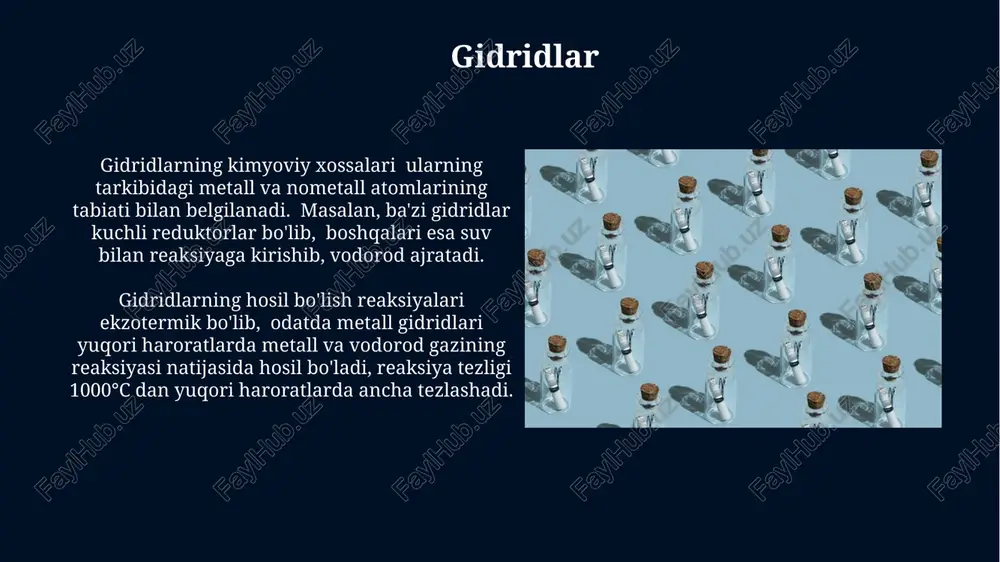sidlar gidrokssidlarning eruvchanligi suvda guruhdan pastga qarab ortadi; lioh ning eruvchanligi nisbatan past bo'lsa, rboh va csoh ancha yuqori eruvchanlikka ega. gidrokssidlarning ishqoriyligi guruhdagi elementlarning atom radiusi oshishi bilan ortadi, masalan, lioh ning pkb qiymati 3.8 ga teng bo'lsa, csoh uchun bu ko'rsatkich 0.3 ga yaqinlashadi. atom radiusi va ionlanish energiyasi natriyning atom radiusi (186 pm) litiynikidan kattaroq bo'lib, bu davriy jadvalda pastga tushirish bilan atom radiusi o'sishini tasdiqlaydi, ionlanish energiyasi esa kamayadi (496 kj/mol). gidrot atomining radiusi 74 pm, litiyniki esa 152 pm ni tashkil etadi, bu ularning elektron qobiqlarining soni ortishi bilan atom radiusi o'sishini ko'rsatadi. qo'llanilishi gidridlarni hosil qilishda, masalan, lialh₄ (lityum alyuminiy gidridi) kabi kuchli kamaytiruvchi moddalar sifatida ishlatiladi, bu organik sintezda muhim ahamiyatga ega. i guruh elementlari yorug'lik manbalarida, masalan, natriy bug'li chiroqlarda (taxminan 2000 k rang harorati bilan) yuqori samaradorlikli yoritish uchun qo'llaniladi. sulfidlar sulfidlarning 200 dan ortiq tabiiy minerallari mavjud bo'lib, ularning ba'zilari …