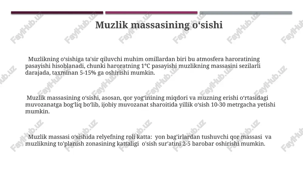 aʼsir qiladi; 30 darajadan kamroq burchakda muzlikning harakati sekinlashadi, 45 darajadan yuqori burchaklarda esa tezlashadi va aşınma kuchayadi. muzlikning oʻrtacha qalinligi 100 metrdan ortiq boʻlganda, uning pastki qismi relyefni oʻzgartiradi, vodiyni chuqurlashtiradi va u-simon shaklga keltiradi, bu jarayon millionlab yillar davom etadi. e'tiboringiz uchun rahmat @taqdimot_robot