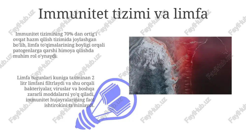 diagnostika maqsadlari uchun muhim ko'rsatkichlardir. qon biokimyoviy tahlili 30 dan ortiq turli biokimyoviy ko'rsatkichlarni, jumladan, qand miqdori, jigar fermentlari va buyrak funksiyasini baholash uchun zarur bo'lgan ko'rsatkichlarni o'lchashni o'z ichiga oladi. qonning tarkibi va funksiyalari limfa tizimi orqali to'qimalardan ortiqcha suyuqlik, oqsillar va yog' kislotalari qonga qaytariladi, bu esa to'qimalarning suv-tuz muvozanatini saqlashga yordam beradi. qonning tarkibida 55% plazma, 45% esa hujayralar (eritrotsitlar, leykotsitlar va trombotsitlar) mavjud bo'lib, ularning nisbati organizmning fiziologik holatiga bog'liq. qon va limfa o'rtasidagi bog'liqlik 01 02 limfa va qon o'rtasidagi bog'liqlik limfa tomirlarining qon tomirlariga ochilishi orqali amalga oshiriladi, bu jarayon limfaning qonga qaytishini va moddalar almashinuvining doimiy ravshanligini ta'minlaydi. sales 1st qtr 2nd qtr 100 0 sales 1st qtr 2nd qtr 100 0 qon plazmasi: tarkibi va ahamiyati plazma tarkibidagi albumin oqsili onkotik bosimni saqlashda, ya’ni qon tomirlaridan suyuqlikning chiqib ketishini oldini olishda muhim rol o’ynaydi, uning konsentrasiyasi taxminan 35-50 g/l ni tashkil etadi. …