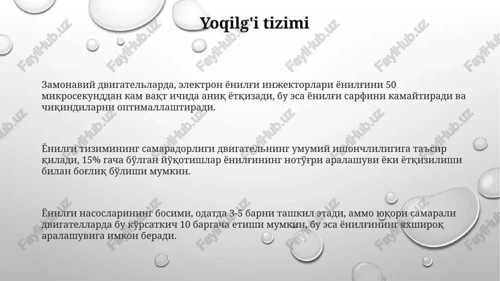 n farqli o'laroq, yonilg'ini siqish orqali yoqib yuboradi va bu ularga yuqori moment va yonilg'i tejamkorligini beradi, odatda 20-50% gacha. ichki yonish dvigatellari 2 taktli va 4 taktli turlarga bo'linadi, 4 taktli dvigatellar yuqori samaradorlikka ega bo'lsa-da, 2 taktli dvigatellar sodda tuzilishi bilan ajralib turadi va kichik quvvatli transport vositalarida qo'llaniladi. e'tiboringiz uchun rahmat @taqdimot_robot image1.png image2.png image3.png