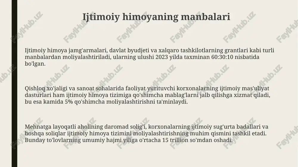 ya tizimi samaradorligi 3 asosiy koʻrsatkich - qamrov, oʻz vaqtida yordam va xizmatlar sifati bilan baholanadi, bu esa monitoring va baholash tizimlarini talab qiladi. ijtimoiy himoya nima? ijtimoiy himoya tizimi, kambag'allik darajasini pasaytirish, bolalar va keksalarni himoya qilish kabi maqsadlarga xizmat qiladi va kamida 5 ta asosiy dasturni o'z ichiga oladi. ijtimoiy himoya, 2023-yilgi ma'lumotlarga ko'ra, o'zbekistonda 10 milliondan ortiq fuqaroga turli xil nafaqa va subsidiyalar shaklida yordam ko'rsatmoqda, bu umumiy byudjetning 15% dan ortig'ini tashkil etadi. ijtimoiy himoya siyosati, sog'liqni saqlash, ta'lim va ish bilan ta'minlash kabi sohalarga ta'sir ko'rsatib, aholining 30% dan ortig'ini qamrab oladi va 50% gacha oshish tendensiyasida. ijtimoiy himoya samaradorligi kam ta'minlangan oilalarga beriladigan nafaqalar miqdori o'rtacha oylik ish haqining 30% ini tashkil etadi, bu esa ularning yashash darajasini sezilarli darajada oshirishga yordam beradi. ijtimoiy himoya samaradorligini baholashda, 60% dan ortiq aholining ijtimoiy himoya dasturlaridan manfaatdor bo‘lishini hisobga olish kerak. ijtimoiy himoya tizimining samaradorligini oshirish …