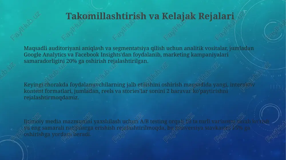 rga qarab vazifalarni belgilash muhim hisoblanadi. natijalarni talqin qilish va hisobot natijalarni taqqoslashda, 2023 yilgi ma'lumotlar 2022 yilga nisbatan 15% ga o'sgan foydalanuvchi faolligini ko'rsatmoqda, bu platformaning rivojlanishini tasdiqlaydi. ijtimoiy media kampaniyalari samaradorligini baholashda, 1000 ta foydalanuvchi orasida o'tkazilgan so'rov natijalari 70% ijobiy fikrlarni ko'rsatdi, bu yuqori darajadagi jalb etishni bildiradi. konversiya stavkalari (cr) va boshqa muhim ko'rsatkichlar, masalan, ctr (click-through rate) va o'rtacha sessiya davomiyligi tahlili, onlayn marketing kampaniyalari samaradorligini aniqlashda muhim ahamiyatga ega. e'tiboringiz uchun rahmat @taqdimot_robot image3.png