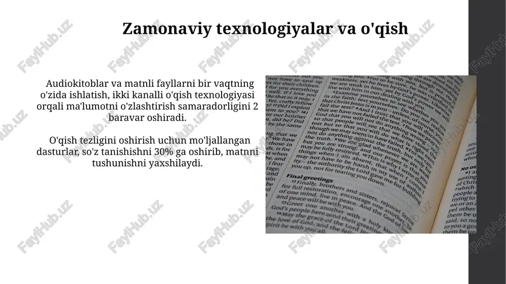 i kundalik 30 daqiqalik o'qish, miya faoliyatini yaxshilaydi, xotirani mustahkamlaydi va 70% ga yaqin stress darajasini kamaytiradi. o'qish tezligini oshirish texnikalarini o'rganish, matnni tahlil qilish va tushunish ko'rsatkichlarini 2-3 baravarga oshirishi mumkin. o'qish va yozish o'rtasidagi bog'liqlik o'qish va yozish o'rtasidagi o'zaro bog'liqlik, bolalarda til rivojlanishining muhim ko'rsatkichi bo'lib, 5-7 yoshda o'qish va yozish ko'nikmalarining birgalikda rivojlanishi kuzatiladi. yozish faoliyati yangi leksika va grammatikani o'rganishni, shu bilan birga o'qish tushunishini yaxshilashga yordam beradi, chunki yozilgan matnni tahlil qilish qobiliyati rivojlanadi. e'tiboringiz uchun rahmat @taqdimot_robot image1.jpg image2.jpg image3.jpg image4.jpg image5.jpg image6.jpg image7.jpg image8.jpg image9.jpg image10.jpg image11.jpg image12.jpg