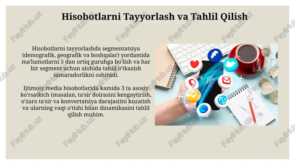 shtirish samaradorlikni oshiradi. kalit metriklar va ko'rsatkichlar ijtimoiy media hisoblarining o'sish sur'ati (oyiga 10% dan ortiq o'sish sog'lom ko'rsatkich hisoblanadi) va yangi obunachilar soni kabi ko'rsatkichlarni tahlil qilish biznesning rivojlanishini baholashda muhim ahamiyatga ega. yangi postlarga bo'lgan reaksiyalar (layklar, sharhlar, ulashishlar) soni va ulardan olingan o'zaro ta'sirlarning darajasi (masalan, 5% dan yuqori ta'sir o'tkazuvchanlik yaxshi natija) brendning auditoriya bilan aloqasini aks ettiradi. ijtimoiy media marketing kampaniyalarini baholash ijtimoiy media marketing kampaniyalarini baholashda, roi (return on investment)ni hisoblashda konversiya stavkalari (masalan, 10% dan yuqori) va har bir mijozga sarflangan mablag' (cpa) kabi ko'rsatkichlar muhim rol o'ynaydi. ijtimoiy media marketing kampaniyasi natijalarini baholashda, organik va pullik trafikni ajratib ko'rsatish, maqsadli auditoriyaga yetish darajasi (kamida 70%) va kontekstli reklama samaradorligi muhim ahamiyatga ega. maqsadli auditoriyani aniqlash so'rovnomalar va testlardan olingan ma'lumotlarni tahlil qilish natijasida, maqsadli auditoriyaning 30% dan ortig'i brendingiz haqida ijobiy fikrga ega ekanligini aniqlash va tegishli strategiyalarni ishlab chiqish mumkin. maqsadli …