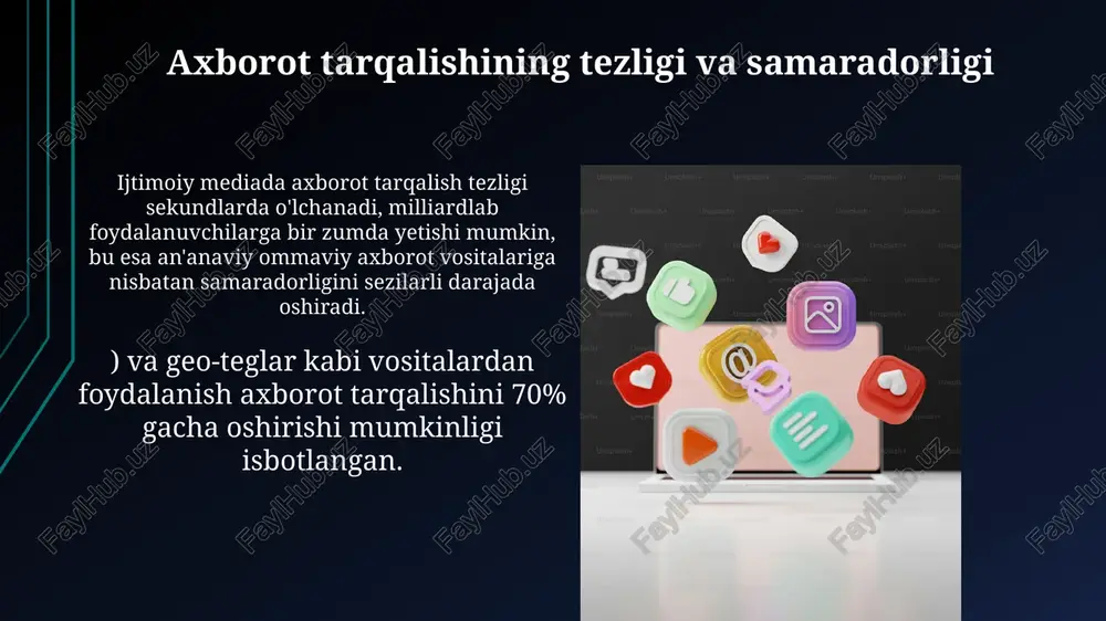 lar siyosiy va ijtimoiy muammolarni oʻz ichiga oladi. ishonchli manbalarni aniqlash va tekshirish manbaning muallifi va uning ekspertligi, chop etilgan sana, manbalar ro'yxati va qo'llanilgan metodologiya kabi metriklarni tahlil qilish orqali ma’lumotning ishonchliligini 3-5 balli shkala bo'yicha baholash mumkin. fakt cheker xizmatlari (masalan, snopes, poynter) va havola qilingan boshqa ishonchli manbalarni tekshirish orqali ma’lumotning haqiqatga yaqinligini aniqlash va noto'g'ri ma'lumotlarning tarqalishini oldini olish mumkin. ijtimoiy mediani axborot maydoniga aylantirishning ahamiyati ijtimoiy mediani axborot maydoniga aylantirish, 2023-yil holatiga ko'ra, 4 milliarddan ortiq foydalanuvchiga ega bo'lgan ulkan auditoriyaga tezda ma'lumot yetkazish imkoniyatini beradi, bu esa jamiyatni rivojlantirishga hissa qo'shadi. sanoat va texnologiyalar sohasidagi yangiliklarni, shuningdek, siyosiy va ijtimoiy jarayonlar haqidagi 100% ishonchli ma'lumotlarni tezkor tarqalishini ta'minlash, ijtimoiy mediani axborot maydoniga aylantirishning muhim ahamiyatini aks ettiradi. ijtimoiy media platformalarining imkoniyatlari va cheklashlari tezkor ma'lumot tarqalishi ijtimoiy mediani favqulodda vaziyatlar to'g'risida xabardor qilish uchun samarali vositaga aylantiradi, ammo noto'g'ri ma'lumotlarning tarqalishi va dezinformatsiya xavfi …