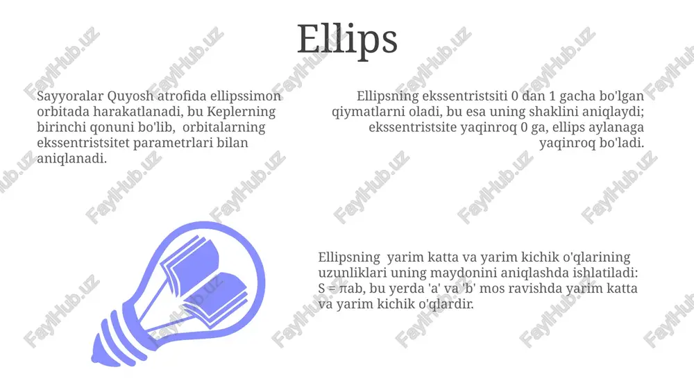 ing xossasi, masalan, antenalarda yoki yorug'lik reflektorlarida, 4f qoidasi orqali aniqlanadi va samarali signal yoki yorug'likni yo'naltirishda ishlatiladi. ikkinchi tartibli egri chiziqlar, jumladan, aylana, ellips, giperbola va parabola, 2d va 3d modellashtirishda, masalan, sun'iy yo'ldosh orbitasini hisoblashda keng qo'llaniladi. e'tiboringiz uchun rahmat @taqdimot_robot image1.jpeg image2.jpeg image3.jpeg
