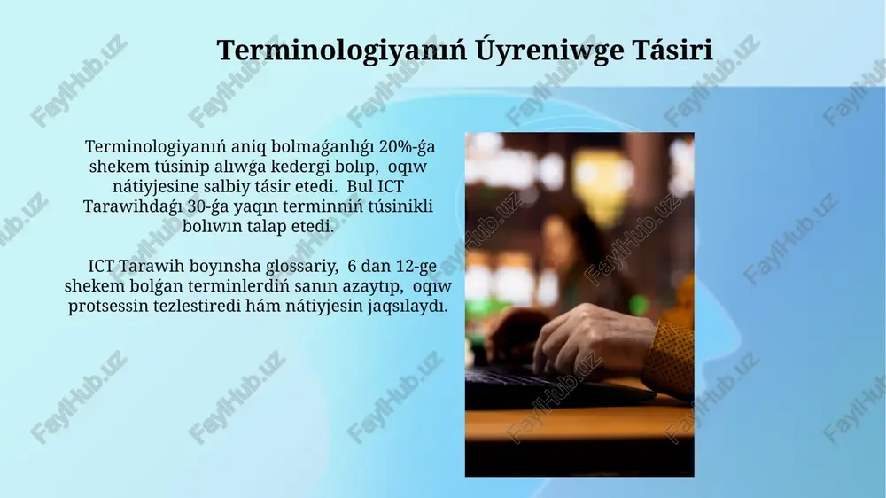 awih namazı ushin terminologiyalardıń túrleri «tәravix namazi» terminologiyasi 3-ten artiq negizgi bөlimnen ibarat bolip, әr bөlimde 10-nan aslam terminlerdi qamtiydi, soniң ishinde «vitr», «kiyam», «iftaar» siyaqli maңizli ataular bar. ict (information and communication technology) qurallari arqali tәravix namazin үyrenio' ushin kem degende 50 termindi bilio' kerek, bulardiң arasinda «onlayn-kurslar», «tsifrli meshit», «virtualdi imam» siyaqli terminler bar. ict tarawih terminologiyasınıń áhmiyeti ict tarauix joybarindag'i 50 den aslam terminniң dәlillemeli aniqlamasi kommunikatsiyani jaqsartadi, bag'darlamalao'dag'i xatalardi azaytadi. іkt tarauix terminologiyasin aniq hәm birdey tүsinio' ushin 10 dan artiq termindi standartlastirio', 2-3 tildegi aniqlamalarin bero' maңizli. nazariңiz үshіn raxmet @taqdimot_robot image2.jpg image3.jpg image4.jpg image5.jpg image6.jpg image7.jpg image8.jpg image9.jpg image10.jpg image11.jpg image12.jpg image13.jpg image1.png