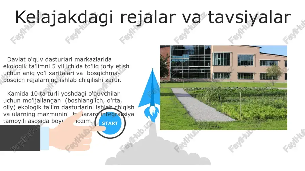 maradorligini 20% ga oshirish imkoniyatini beradi. baholash va monitoring tizimini yaratish samarali baholash va monitoring uchun maxsus dasturiy ta'minot yoki onlayn platformadan foydalanish, ma'lumotlarni to'plash va tahlil qilish jarayonini tezlashtirib, kamida 20% vaqtni tejaydi. baholash va monitoring tizimini yaratishda, kamida 5 ta asosiy ko'rsatkich (masalan, o'quvchilarning ekologik bilim darajasi, amaliy ko'nikmalari, atrof-muhitga munosabati) aniqlanishi va yillik monitoring o'tkazilishi kerak. zamonaviy o'quv resurslari va texnologiyalaridan foydalanish interaktiv o'yinlar va simulyatsiyalar orqali 1000 dan ortiq o'quvchilar atrof-muhit muhofazasi masalalarini osonroq tushunishadi. zamonaviy o'quv resurslari, masalan, 3d modellashtirish va virtual laboratoriyalar, ekologik ta’limni 20% ga samaraliroq qiladi. 06 05 04 ekologik ta'limning davlat ta'lim standartlariga integratsiyasi 01 02 ekologik ta'limning davlat ta'lim standartlariga integratsiyasi 1-4-sinflar uchun o'quv dasturlariga kamida 10% ekologik mavzularni qo'shishni nazarda tutadi, bu esa yosh avlodning atrof-muhitga bo'lgan munosabatini shakllantirishga yordam beradi. kamida 3 ta ekologik mavzu bo'yicha milliy baholash mezonlarini ishlab chiqish va qo'llash, ta'lim sifatini monitoring qilish va …