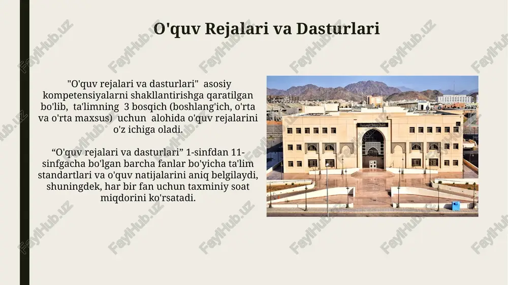 eradi. markazlarning joylashuvi va infratuzilmasi markazlar aholining zich joylashgan hududlarida, kamida 5000 nafar bolani qamrab olish imkoniyatiga ega bo'lgan joylarda, mavjud infratuzilmadan foydalanib qurilishi kerak. markazlarning qurilishi va jihozlanishi uchun davlat tomonidan ajratilgan mablag'larning 70% infratuzilma rivojiga, qolgan 30% esa o'quv materiallari va texnik vositalar sotib olishga yo'naltirilishi lozim. o'quv-uslubiy ta'minot o'quv-uslubiy ta'minotning asosiy tarkibiy qismlaridan biri sifatida har bir fan bo'yicha kamida 3 ta turli darajadagi test topshiriqlari va baholash mezonlari ishlab chiqilgan. ta'lim jarayonini yanada samarali qilish maqsadida o'quv-uslubiy ta'minot tarkibiga 50 dan ortiq audio va video qo'llanmalar, shuningdek, interfaol o'yinlar kiritilgan. ota-onalar bilan hamkorlik ota-onalarni ilk qadam dasturiga oid 3 ta o'quv seminari o'tkazish, ularning 85% ishtirokini ta'minlash orqali samarali hamkorlikni yo'lga qo'yish rejalashtirilgan. bolaning rivojlanishiga oid 5 ta asosiy ko'rsatkich bo'yicha muntazam monitoring va ota-onalar bilan oyiga kamida 2 marta onlayn yoki shaxsan muhokama o'tkazish tizimi joriy etiladi. e'tiboringiz uchun rahmat @taqdimot_robot image1.jpg image2.jpg image3.jpg image4.jpg …