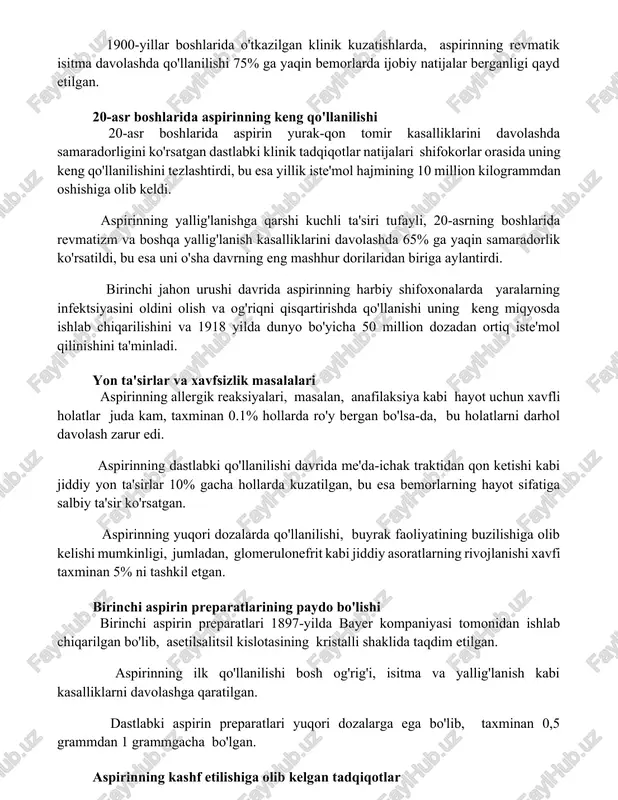 anligi qayd etilgan. 20-asr boshlarida aspirinning keng qo'llanilishi 20-asr boshlarida aspirin yurak-qon tomir kasalliklarini davolashda samaradorligini ko'rsatgan dastlabki klinik tadqiqotlar natijalari shifokorlar orasida uning keng qo'llanilishini tezlashtirdi, bu esa yillik iste'mol hajmining 10 million kilogrammdan oshishiga olib keldi. aspirinning yallig'lanishga qarshi kuchli ta'siri tufayli, 20-asrning boshlarida revmatizm va boshqa yallig'lanish kasalliklarini davolashda 65% ga yaqin samaradorlik ko'rsatildi, bu esa uni o'sha davrning eng mashhur dorilaridan biriga aylantirdi. birinchi jahon urushi davrida aspirinning harbiy shifoxonalarda yaralarning infektsiyasini oldini olish va og'riqni qisqartirishda qo'llanishi uning keng miqyosda ishlab chiqarilishini va 1918 yilda dunyo bo'yicha 50 million dozadan ortiq iste'mol qilinishini ta'minladi. yon ta'sirlar va xavfsizlik masalalari aspirinning allergik reaksiyalari, masalan, anafilaksiya kabi hayot uchun xavfli holatlar juda kam, taxminan 0.1% hollarda ro'y bergan bo'lsa-da, bu holatlarni darhol davolash zarur edi. aspirinning dastlabki qo'llanilishi davrida me'da-ichak traktidan qon ketishi kabi jiddiy yon ta'sirlar 10% gacha hollarda kuzatilgan, bu esa bemorlarning hayot sifatiga salbiy …