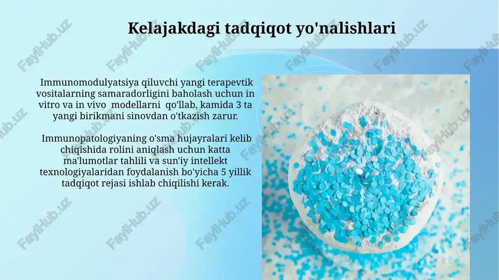 shga qodir. kiberkinetik terapiya kabi yangi immunoterapiya usullari 80% gacha bo'lgan muvaffaqiyat ko'rsatkichiga ega va o'ziga xos o'sma antijenlariga qarshi aniq hujumlarni amalga oshiradi. immunodeficits va o'sma rivojlanishi t-reg hujayralarining ko'payishi (taxminan 20-30%) o'sma rivojlanishiga olib kelishi mumkin, chunki ular immun javobni bostirib, o'sma hujayralarining o'sishini nazoratdan chiqaradi. immunodeficits, ayniqsa, b hujayralarining funksiyasi buzilganida, o'sma rivojlanish xavfini 7 barobarga oshirishi mumkin, chunki bu immun tizimining o'sma hujayralarini aniqlash va yo'q qilish qobiliyatini pasaytiradi. o'sma rivojlanishining immunologik bosqichlari cd8+ t-hujayralar kabi sitotoksik limfotsitlarning faolligi o'sma rivojlanishini 50% gacha sekinlashtirishi mumkin, ammo ularning yetarli darajada faol bo'lmasligi o'smaning progressiyasiga olib keladi. o'sma rivojlanishining dastlabki bosqichida, taxminan 10-20% hujayralar immun tizimi tomonidan aniqlanib, apoptozga uchraydi, bu esa o'smaning o'sishini cheklaydi. immunopatologiya tushunchasi va ahamiyati immunopatologiya, 100 dan ortiq turdagi kasalliklarni o'z ichiga olgan murakkab soha bo'lib, immun tizimining noto'g'ri ishlashi natijasida yuzaga keladigan patologik jarayonlarni o'rganadi. immunocompetent hujayralar, masalan, t-hujayralar va nk-hujayralar, o'simta …