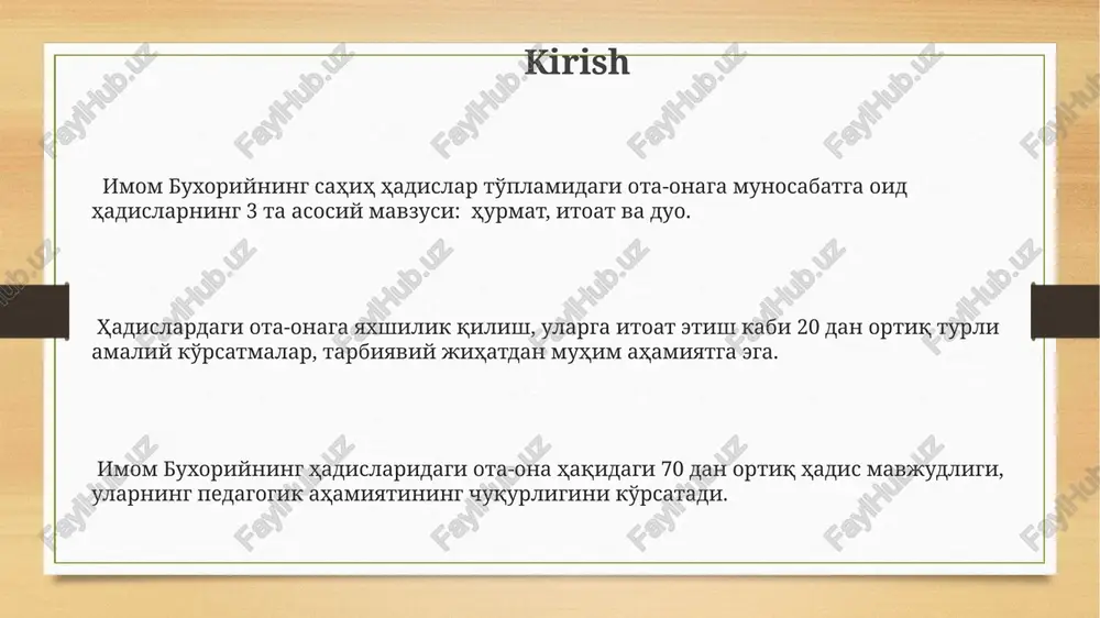 dunyo va oxiratdagi muvaffaqiyatiga 70 yildan ortiq ta'sir ko'rsatishi haqida 3 dan ortiq hadis keltirilgan. ota-onalarning duosi alloh taoloning rahmatiga va farzandning hayotdagi barcha ezgu ishlarga 100% yordam berishi, shu jumladan, taqvodorlik va farovonlikka erishishida muhim rol o'ynashi ta'kidlanadi. ota-onalarni rozi qilishning ahamiyati hadislarda ota-onalarning huquqlari, 15 dan ortiq turli jihatlarda, mehr-oqibat, hurmat va itoat kabi tushunchalar orqali batafsil bayon etilgan. ota-onalarning roziligi, hadislarda 70 dan ortiq farzdan ustun qo'yilganligi bilan, ulug'vorligini va muhimligini ta'kidlaydi, bu esa farzlarning ahamiyatini yanada oshiradi. ota-onalarni rozi qilish, jannat eshiklarini ochishga olib keladigan 3 ta asosiy omillardan biri sifatida qaraladi, bu esa ulkan mukofot va'dasini aks ettiradi. ota-onalarning farzandlarga ta'siri buxoriy hadislarida keltirilgan 5 ta asosiy fazilat (taqvo, saxovat, ilm, adolat, sabr)ning shakllanishida ota-onalarning o'rnak ko'rsatishi muhim rol o'ynaydi. imam buxoriy hadislari ota-onalarning farzandlarning diniy tarbiyasi, axloqiy kamol topishi va ijtimoiy moslashuvida 30% dan ortiq ta'sir ko'rsatishini ta'kidlaydi. ota-onalarning mehr-muhabbati, hurmati va duosi farzandlarning …