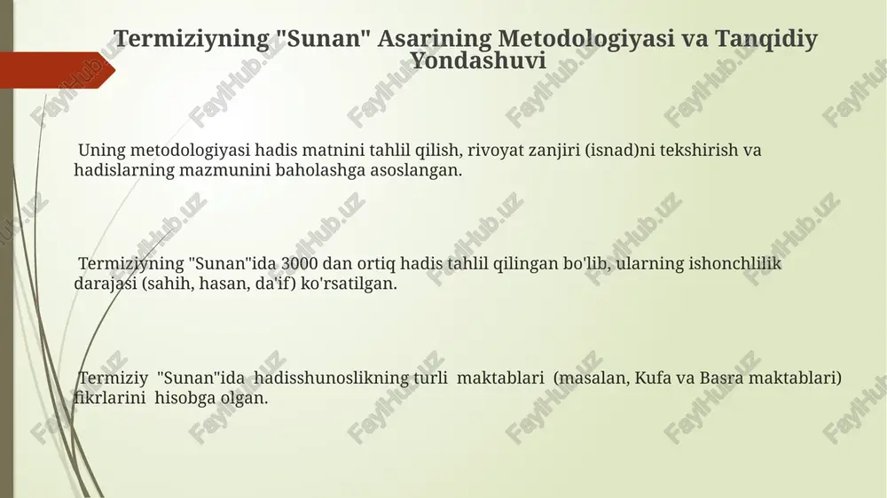 hih”da hadislarni rivoyat qilishda qisqa va aniq uslubni afzal ko'rgan, shu bilan birga, hadisning mazmunini to'liq etkazishga harakat qilgan. ushbu uslub hadislarni tushunish va yod olishni osonlashtiradi. asardagi hadislar mavzulari bo'yicha tartiblangan bo'lib, bu hadislardan foydalanishni osonlashtiradi va muayyan mavzudagi ma'lumotlarni tezkor topish imkoniyatini beradi. masalan, taxorat bo'limida 100 dan ortiq hadis jamlangan. e'tiboringiz uchun rahmat @taqdimot_robot