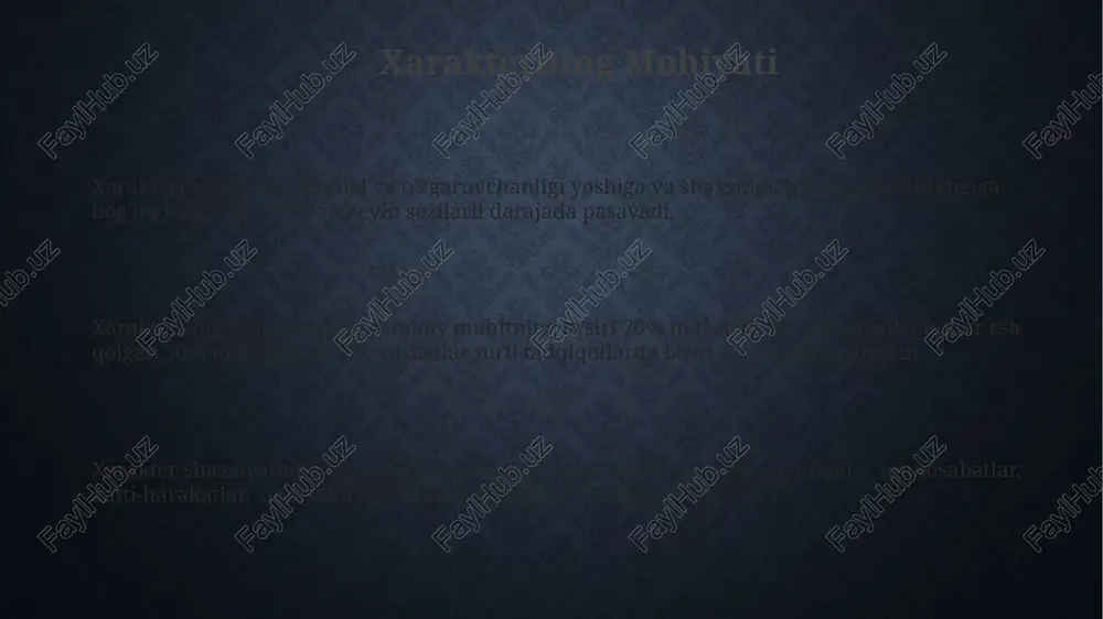 qolgan qismi esa atrof-muhit ta'siri va o'rganish natijasida shakllanadi. intellektual qobiliyatlarning 8 turini aniqlash mumkin, bularning har biri mustaqil va bir-biriga bog'liq bo'lib, umumiy intellekt ko'rsatkichini tashkil qiladi. temperament turlari turar temperamentli shaxslarning 70% dan ortig'i yuqori darajada emotsional barqarorlikka ega bo'lib, stressga chidamlilik ko'rsatkichlari 2 balldan yuqori baholanadi. psixometrik testlar natijalariga ko'ra, turar temperamentli shaxslarning 85% atrofida introversiya ko'rsatkichlari yuqori bo'lib, jamoaviy ishlarga nisbatan mustaqil faoliyatni afzal ko'rishadi. turar temperamentining asosiy xususiyatlaridan biri – tezkor reaksiyalar va 5 dan ortiq parallel vazifalarni bajarish qobiliyati, bu esa ularni ko'p vazifali loyihalarda samarali qiladi. temperament, xarakter va qobiliyatlarning o'zaro ta'siri yuqori intellekt koeffitsiyenti (iq) bilan birga, past darajadagi emotsional barqarorlik (temperament) va zaif iroda kuchi (xarakter) qobiliyatlarning samarali qo'llanilishini 40% ga kamaytirishi mumkin. temperamentning 4 asosiy turi – sangvinik, flegmatik, xolerik va melanxolik – individualning qobiliyatlarini namoyon qilish uslubiga 20% gacha ta’sir ko'rsatishi mumkin. xarakterning mustahkamligi (masalan, 5 balli shkala bo'yicha …