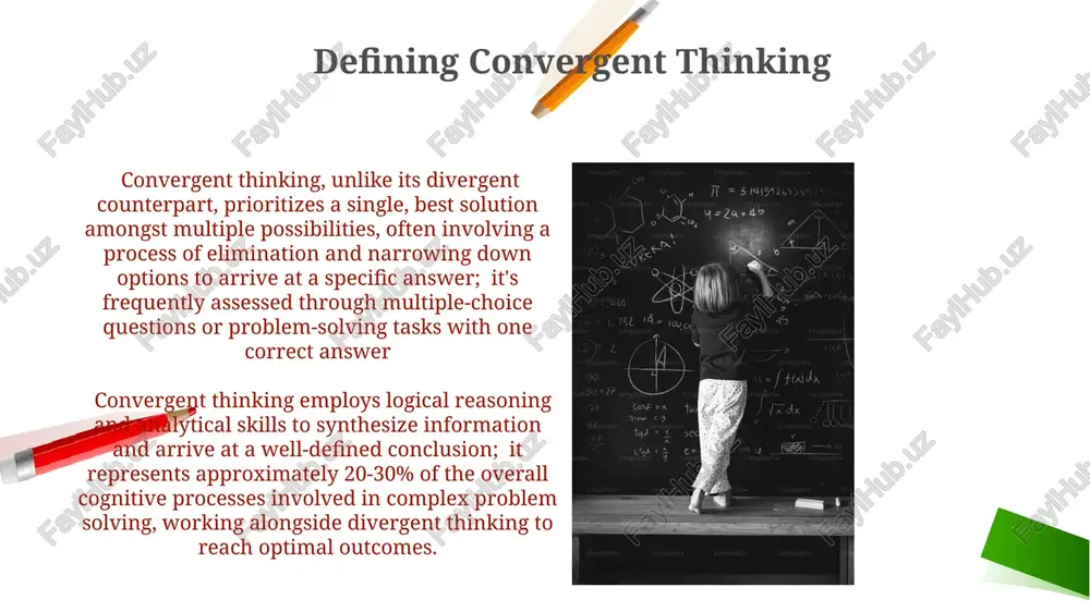 -solving using convergent thinking involves a systematic approach, encompassing stages like data analysis (identifying 3-5 key data points), hypothesis formation, and rigorous evaluation of 2-3 potential solutions before selecting the optimal one. convergent thinking excels in problem-solving scenarios requiring a single, well-defined solution, such as multiple-choice tests or mathematical equation solving, achieving an accuracy rate often exceeding 80% when applied correctly. curriculum design and convergent thinking integrating assessments that specifically measure convergent thinking skills, such as multiple-choice questions with only one correct answer (e.g., 70% of the assessment), provides valuable data for evaluating curriculum effectiveness and identifying areas needing revision. curriculum designers can leverage convergent thinking by incorporating problem-solving activities requiring a single, optimal solution, like designing 3-step math problems with only one correct answer, thereby fostering focused analytical skills in students. real-world applications of convergent thinking diagnostic problem-solving in medicine heavily relies on convergent thinking; physicians must analyze numerous …