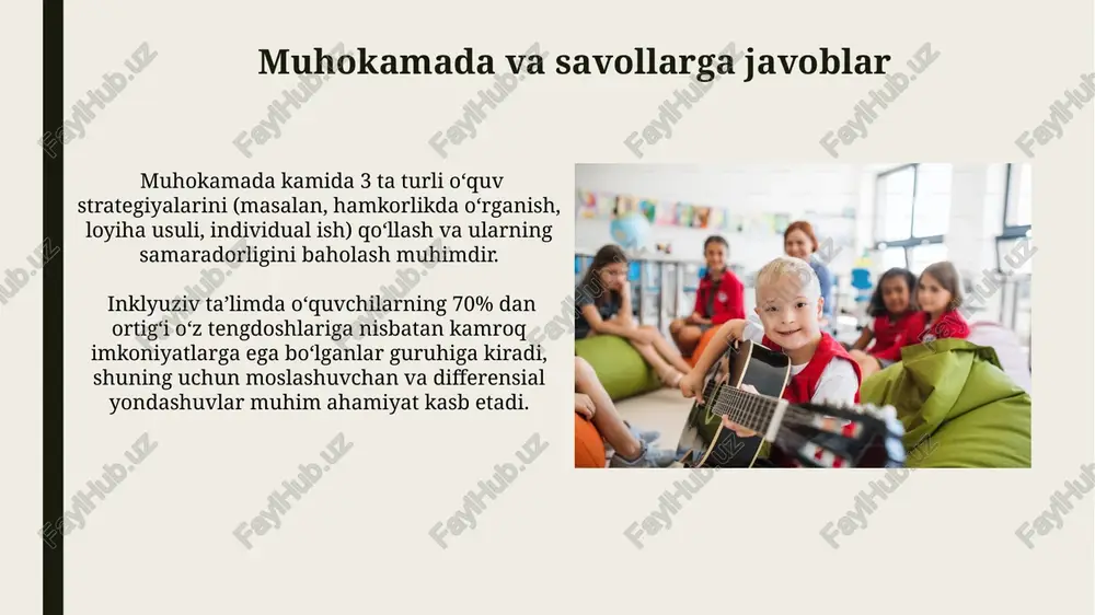 'quvchilarning o'zlashtirish darajasini, ijtimoiy moslashuvini va o'qituvchilarning malakasini hisobga olish kerak. inklyuziv ta'limning afzalliklari inklyuziv ta'lim maktabdagi qabul qilish muhitini yaxshilaydi, kamida 30% ga teng bo'lgan o'quvchilarning maktabga bo'lgan munosabatini ijobiy o'zgartiradi va o'ziga bo'lgan ishonchini oshiradi. inklyuziv sinf xonalarida o'quvchilarning ijtimoiy-emotsional rivojlanishi 15-25% ga yaxshilanadi, chunki ular turli xil odamlar bilan muloqot qilishni o'rganadilar va hamkorlik qilishni rivojlantiradilar. inklyuziv ta'limning kelajagi inklyuziv maktablar soni 2028 yilga kelib uch baravar ortib, bolalarning 95% ga yaqinini umumiy bilim olish imkoniyatini ta'minlaydi, bu esa ijtimoiy integratsiyani yaxshilaydi. keng qamrovli inklyuziv ta'limning rivojlanishi 2025 yilga borib, o'quvchilarning 80% ga yaqinini individual ehtiyojlarini qondirishga qaratilgan maxsus strategiya bilan qamraydi. inklyuziv ta'limda innovatsiyalar inklyuziv ta'limda o'quvchilarning 70% ga yaqini individual yondashuvni talab qiladigan o'ziga xos ehtiyojlarga ega, shuning uchun moslashuvchan va differensial o'qitish strategiyalari muhim innovatsiya hisoblanadi. inklyuziv ta'limda "universal dizayn o'qitish" (udl) printsiplarini qo'llash orqali o'quv materiallarini 5 ta turli formatda taqdim etish o'quvchilarning …