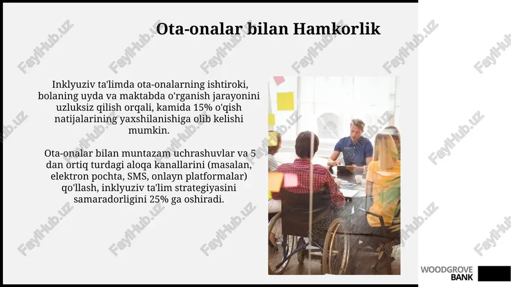 kamida 30% o‘quvchilarning ehtiyojlarini qondiradigan diversifikatsiyalangan o‘quv dasturlarini ishlab chiqish va joriy etish muhimdir. woodgrove bank kelajakdagi rejalar va tavsiyalar inklyuziv ta'lim samaradorligini baholash uchun yangi mezonlar va ko'rsatkichlarni joriy etish, shu jumladan, o'quvchilarning akademik yutuqlari va ijtimoiy moslashuvchanligini kuzatish tizimini takomillashtirish muhim. inklyuziv ta'limni amalga oshirish bo'yicha 5 yillik strategiyani ishlab chiqish va uni 20 ga yaqin maktabda sinovdan o'tkazish, natijalarni tahlil qilish va milliy miqyosda tarqatish rejalashtirilgan. woodgrove bank muvaffaqiyatli inklyuziv ta’lim misollari samarqand viloyatida amalga oshirilgan loyihada, 25 ta maktabda o‘quvchilarning 70% inklyuziv ta’limga o‘tkazildi, natijada o‘quvchilarning akademik ko‘rsatkichlari 15% ga oshdi. o‘zbekistondagi 100 dan ortiq maktabda inklyuziv ta’limni qo‘llab-quvvatlash uchun maxsus o‘quv dasturlari va pedagogik yordamlar joriy etildi, bu esa 5000 dan ortiq nogiron bolaning ta’lim olish imkoniyatlarini kengaytirdi. woodgrove bank inklyuziv sinf xonalarini tuzish o‘quv jarayonini inklyuziv qilish uchun kamida 5 nafar o‘qituvchi va mutaxassis (defektolog, psixolog) jamoaviy ishlashi va doimiy malaka oshirishdan o‘tishi zarur. …