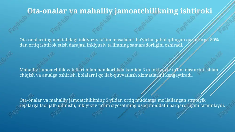 i bmtning bolaning huquqlari konvensiyasi 28-moddasida aks ettirilgan bo'lib, barcha bolalar uchun inklyuziv ta’limni ta'minlashni nazarda tutadi. inklyuziv ta'lim va diskriminatsiyaga qarshi kurash bolalar huquqlari to'g'risidagi konvensiyaning 24-moddasi, nogiron bolalarni inklyuziv ta'limga jalb qilish zarurligini ta'kidlab, diskriminatsiyaga qarshi kurashda davlatlarning majburiy majburiyatlarini belgilaydi. inklyuziv ta'limga o'tish jarayoni davomida kamida 10% maktablarga qo'shimcha resurslar va o'qituvchilar tayyorlash bo'yicha 2023-yilgi milliy dasturda aniq maqsadlar belgilangan. 2015-yilda qabul qilingan bmtning barqaror rivojlanish maqsadlari (brm), 4-maqsad doirasida sifatli ta'lim va hamma uchun inklyuziv ta'limga erishishni 2030-yilga qadar amalga oshirishni o'z ichiga oladi. bmtning bolalar huquqlari konvensiyasi bolalar huquqlari konvensiyasi (bhxk)ning 28-moddasi ta'limga kirish huquqini kafolatlaydi, shu jumladan, nogiron bolalar uchun inklyuziv ta'limni ta'minlashni nazarda tutadi. konvensiyaning amalga oshirilishi davlatlarning 44-moddasida ko'rsatilgan hisobotlar orqali kuzatiladi, bu esa inklyuziv ta'lim sohasidagi progressni baholash imkonini beradi. bhxkning 2-moddasi diskriminatsiyani taqiqlaydi, bu esa ta'limda jinsi, irqi, tili va boshqa omillarga ko'ra tengsiz munosabatlarni yo'q qilishni o'z ichiga oladi. …