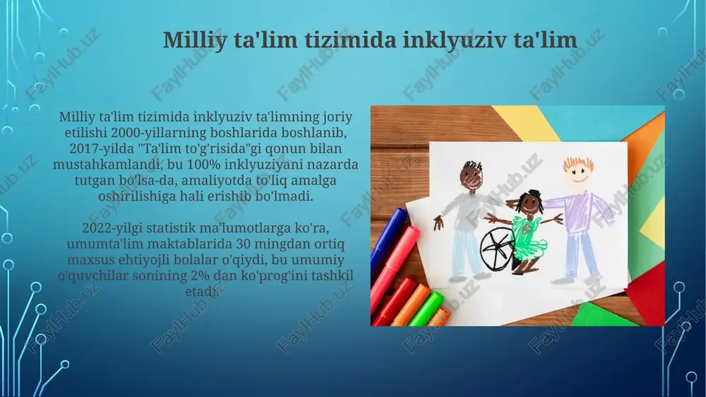 ashishiga individual o'quv rejalarining (ior) qo'llanilishi va o'quvchilarning 3 ta asosiy intellektual qobiliyatlarini hisobga olish ta'sir qiladi. ijtimoiy-emotsional rivojlanish nazariyalari, masalan, erik eriksonning psixososial rivojlanish bosqichlari modeli, inklyuziv sinf xonalarida muhitni yaratishda 8 ta asosiy bosqichni hisobga olishni talab qiladi. inklyuziv ta'limning ijtimoiy asoslari inklyuziv ta'limning ijtimoiy asoslarini shakllantirishda 3 asosiy omil muhim rol o'ynaydi: ijtimoiy adolat tamoyillari, qo'llab-quvvatlash xizmatlarining mavjudligi va jamoatchilik fikri o'zgarishi. inklyuziv ta'limning ijtimoiy asoslari, 1948 yildagi inson huquqlari umumjahon deklaratsiyasi va 2006 yildagi bmtning imkoniyatlarga teng huquqlilik to'g'risidagi konvensiyasi kabi xalqaro huquqiy hujjatlar bilan chambarchas bog'liqdir. inklyuziv ta'limning falsafiy asoslari inklyuziv ta'limning ontologik asoslari shaxsning noyobligi va ko'p qirrali imkoniyatlarini tan olish, kamida 3 ta asosiy pedagogik paradigmni (individualizatsiya, differentsiatsiya va integratsiya) birlashtiradi. inklyuziv ta'lim epistemologik jihatdan bilish jarayonining ijtimoiy-madaniy kontekstga bog'liqligini, shu jumladan, kamida 5 ta turdagi o'quv strategiyalarining samaradorligini inobatga oladi. inklyuziv ta'limning nazariy asoslari inklyuziv ta'limning samaradorligi, o‘quvchilarda 3 ta asosiy soha: …