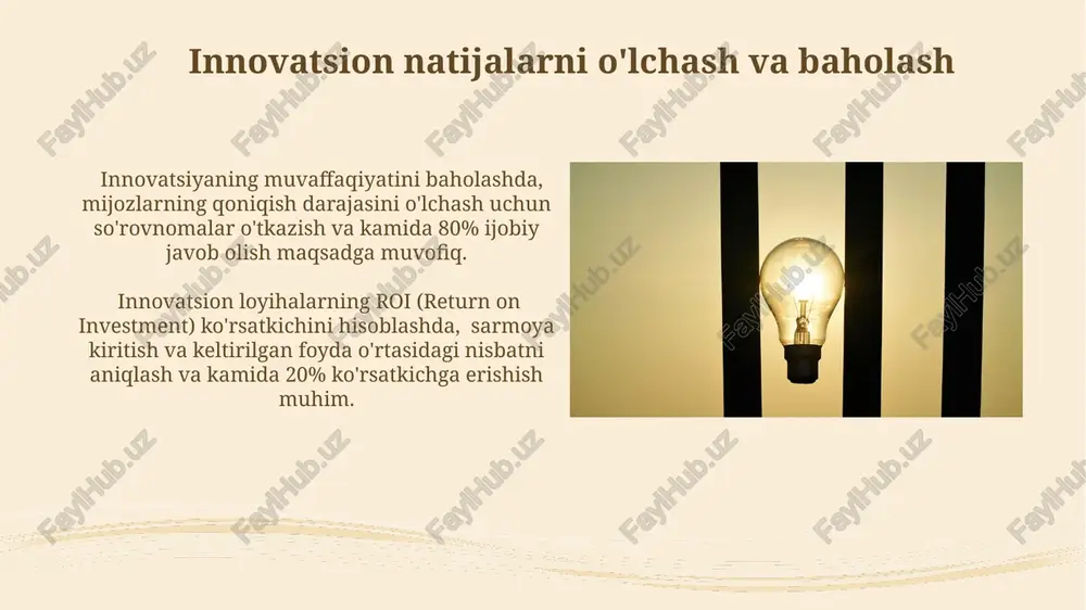 r ulushini 10% ga oshirish, xavflarni 30% ga kamaytirishga yordam beradi. innovatsion loyihalarni muvaffaqiyatli boshqarish uchun 5 bosqichli jarayon (g'oya, rejalashtirish, ishlab chiqish, sinov va tijoratlashtirish)ni qo'llash muhimdir, bu esa xarajatlarni 15% gacha kamaytiradi. innovatsiyani boshqarish ob'ekti sifatida innovatsiyani boshqarish, 3 bosqichli jarayon sifatida ko'rib chiqiladi: g'oya generatsiyasi (kamida 5 ta variant), prototip yaratish (2-3 oy ichida) va bozorga chiqarish (marketing strategiyasi bilan). innovatsion loyihalar portfeli diversifikatsiyasi, kamida 3 ta turli yo'nalishdagi innovatsiyalarni bir vaqtda rivojlantirish orqali, xatarlarni tarqatish va daromadlarni oshirish imkonini beradi. innovatsion strategiya va rejalashtirish innovatsion loyihalarni baholashda, texnologiya tayyorligi darajasi (trl) shkalasi bo'yicha 6-7 darajadan yuqori bo'lgan texnologiyalar afzal ko'riladi, bu ularning tijoriylashtirish ehtimolini oshiradi. muvaffaqiyatli innovatsion rejalashtirish 5-10 yillik istiqbolni o'z ichiga olishi, bosqichma-bosqich maqsadlarni belgilashi va resurslarni samarali taqsimlashni nazarda tutadi. e'tiboringiz uchun rahmat @taqdimot_robot image2.jpg image3.jpg image4.jpg image5.jpg image6.jpg image7.jpg image8.jpg image9.jpg image10.jpg image11.jpg image12.jpg image13.jpg