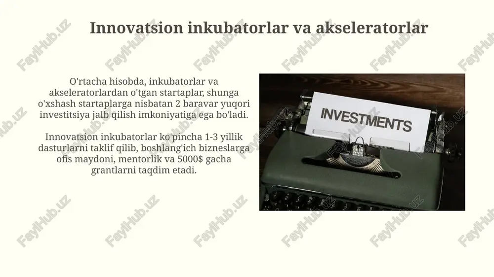 biznes farishtalari, innovatsiyalarni moliyalashtirishda muhim rol o'ynaydi, bu investitsiyalar umumiy hajmining 30% ini tashkil etadi. innovatsion faoliyatni moliyalashtirishning asosiy manbalaridan biri – davlat tomonidan ajratiladigan grantlar va subsidiyalar bo'lib, ularning hajmi 2023 yilda 50 milliard so'mdan oshdi. xususiy sektor investitsiyalari xususiy sektor investitsiyalarining 70% dan ortig'i yuqori texnologiyalar va innovatsiyalar sohasiga yo'naltirilgan bo'lib, bu sohada yillik o'sish sur'ati 15% ni tashkil etadi. kichik va o'rta biznes korxonalarining innovatsion loyihalarini moliyalashtirishda 20% gacha subsidiyalar va grantlar ajratiladi, bu ularning raqobatbardoshligini oshirishga yordam beradi. kaudatsiya va kafolat mexanizmlari kafolat mexanizmlari orqali 50 tagacha innovatsion loyihaga 10 mln. so'mgacha grant ajratilishi mumkin. tadbirkorlik sub'ektlari uchun kafillik jamg'armalari orqali 20% gacha bo'lgan foiz stavkasida 3 yil muddatgacha kredit olish imkoniyati mavjud. grantlar va subsidiyalar davlat tomonidan taqdim etiladigan grantlar va subsidiyalar dasturlari raqobatbardosh bo'lib, muvaffaqiyat darajasi 10% dan kam bo'lishi mumkin, shuning uchun ehtiyotkorlik bilan rejalashtirish zarur. grantlar va subsidiyalar ko'pincha tadqiqot va rivojlantirish …