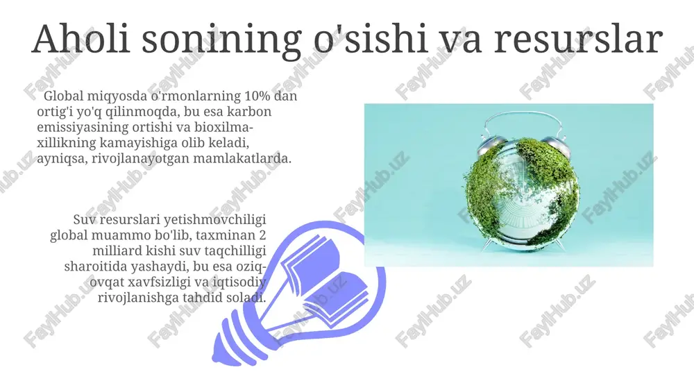 ining yo'qolishi va iqlim o'zgarishi, bioxilma-xillikni yo'qotishning asosiy omillaridan biri bo'lib, 2050 yilgacha 10% ga yaqin turlar yo'qolishi mumkin. atrof-muhit ifloslanishi va sog'liq atrof-muhit ifloslanishi nafas yo'llari kasalliklarining, masalan, astma va surunkali obstruktiv o'pka kasalligi (sook) ning yiliga 7 milliontadan ortiq o'limga sabab bo'lishini ko'rsatmoqda. jahon sog'liqni saqlash tashkiloti (jsst) ma'lumotlariga ko'ra, ifloslangan havo yurak-qon tomir kasalliklari xavfini 29% ga oshiradi. suv resurslari va ularning boshqaruvi suv resurslarini samarali boshqarish uchun suv tejovchi texnologiyalarni joriy etish, suv sifatini nazorat qilish va suv havzalarini muhofaza qilish bo'yicha chora-tadbirlarni amalga oshirish zarur. jahon aholisining 2,2 milliardga yaqini suv taqchilligidan aziyat chekadi, bu esa suv resurslarini kompleks boshqarish va muqobil echimlarni izlash zaruratini ko'rsatadi. davlat siyosati va atrof-muhit muhofazasi 01 02 so'nggi 5 yilda davlat tomonidan atrof-muhitni muhofaza qilishga 2 milliard dollardan ortiq mablag' sarflanib, milliy bog'lar soni 2 barobarga oshgan. sales 1st qtr 2nd qtr 100 0 sales 1st qtr 2nd qtr …