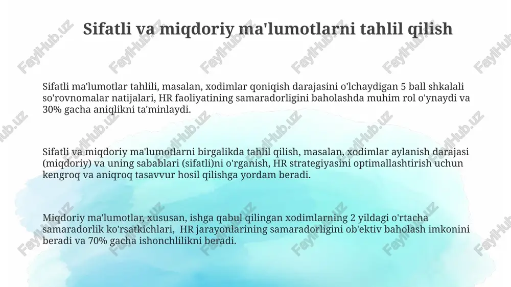 ati va ularning ishga bo'lgan munosabatlari o'rtasidagi korrelyatsiyani aniqlash uchun 200 dan ortiq o'zgaruvchini hisobga olgan regressiya tahlili qo'llanilishi mumkin. ijtimoiy tarmoqlardagi xodimlar fikr-mulohazalarini tahlil qilish orqali hr bo'limining samaradorligini 30% ga oshirish mumkin, bu esa 5 balldan iborat reyting tizimi orqali amalga oshiriladi. davlat va xususiy sektor uchun hr baholash standartlari xususiy sektor hr bahosida, roi (return on investment) kabi moliyaviy ko'rsatkichlar, yangi xodimlarni o‘qitishga sarflangan vaqt (masalan, o‘rtacha 3 oy) va ishga qabul qilish jarayonining tezligi (2 haftadan kam) muhim ahamiyatga ega. har ikkala sektor uchun ham, xodimlar malakasini oshirishga sarflangan mablag'larning samaradorligi (kamida 15% ish unumdorligining oshishi) va xodimlar aylanmasi darajasini kamaytirish (10% dan past) kabi umumiy standartlar qo‘llaniladi. davlat sektorida hr faoliyatini baholashda, samaradorlik ko'rsatkichlari (kpi) sifatida xodimlarni ushlab qolish darajasi (masalan, 85% dan yuqori) va xodimlar qoniqish darajasi (70% dan yuqori) kabi mezonlar qo‘llaniladi. texnologiyalardan foydalanish: hr-analitika hr-analitika yordamida ish samaradorligini 15% ga oshirishga yordam …